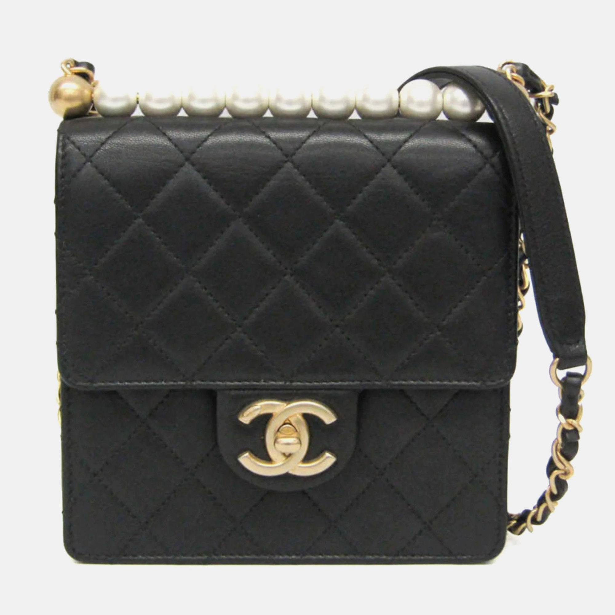 Chanel Vertical Chic Pearls Flap Bag Lambskin Small Black Crossbody Bag