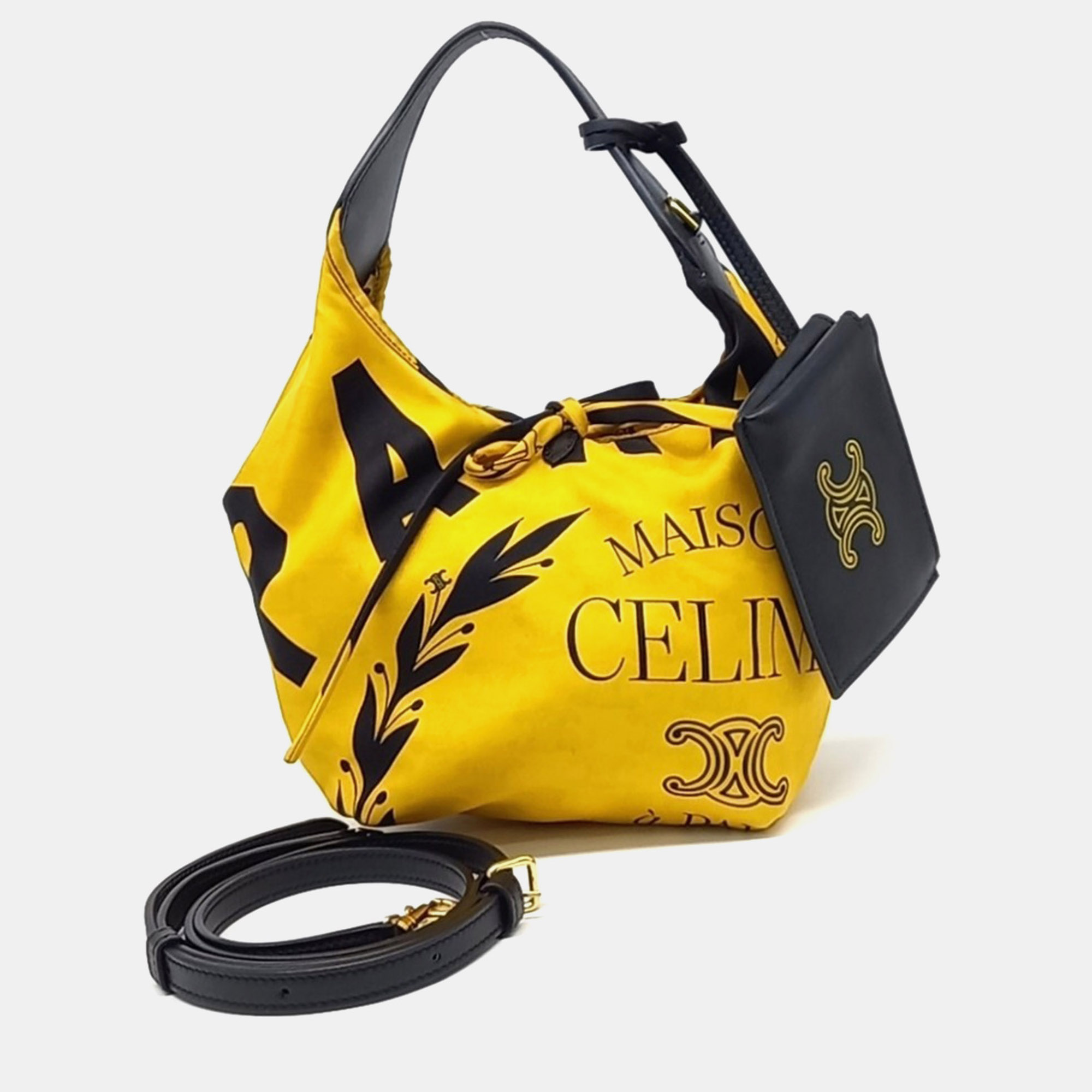 Celine Small Hobo Yellow Silk and Black Leather Shoulder Bag