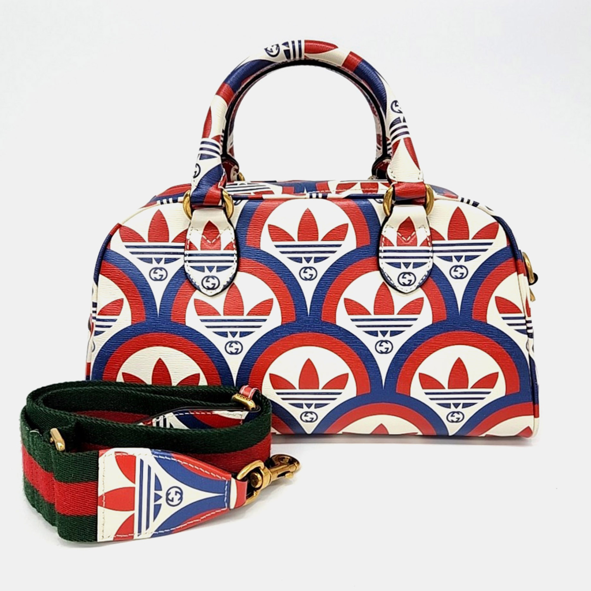 Gucci x Adidas Duffle 702397 White Red Blue Leather Top Handle Bag