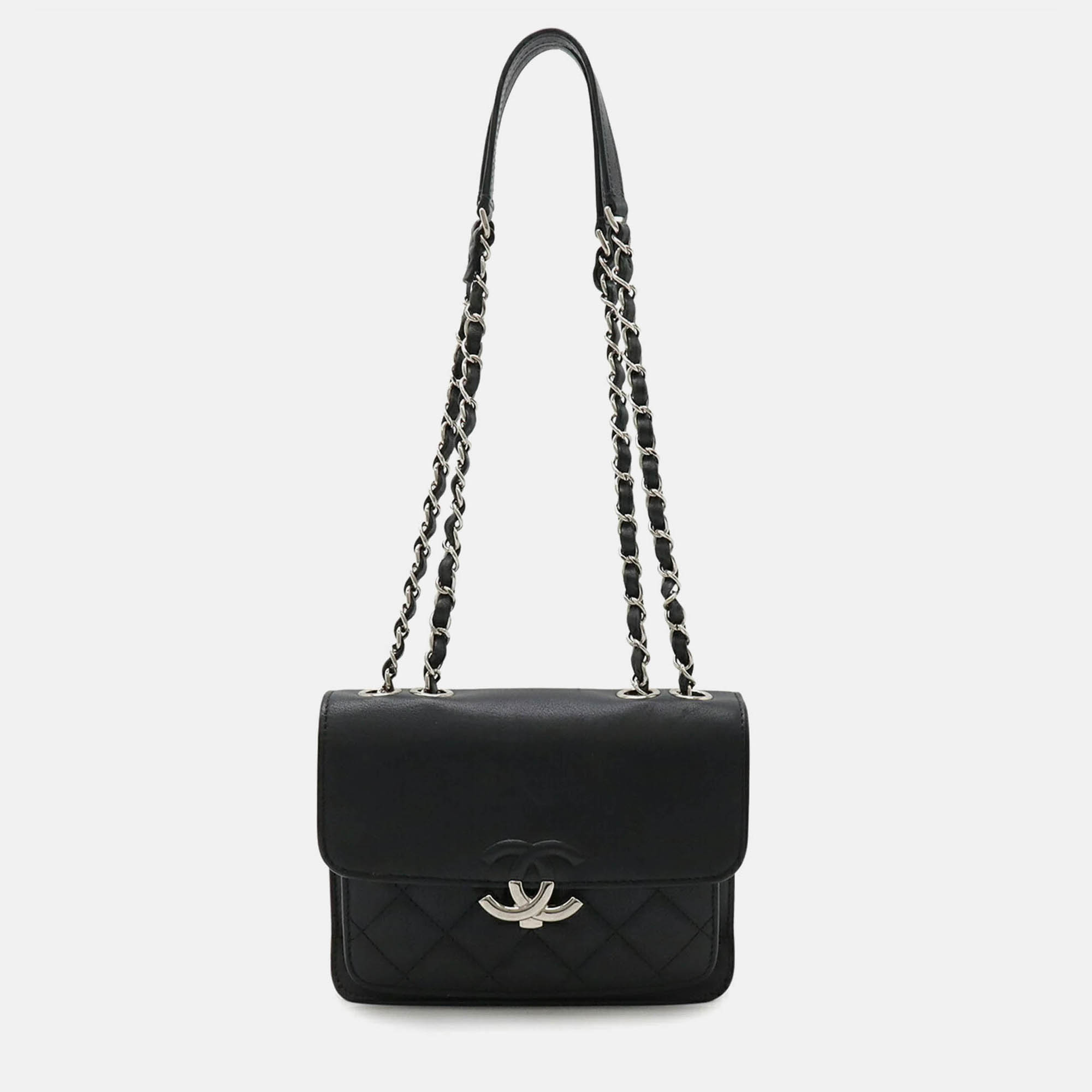 Chanel Half Coco Mark Double Chain Black Quilted Leather Shoulder Bag
