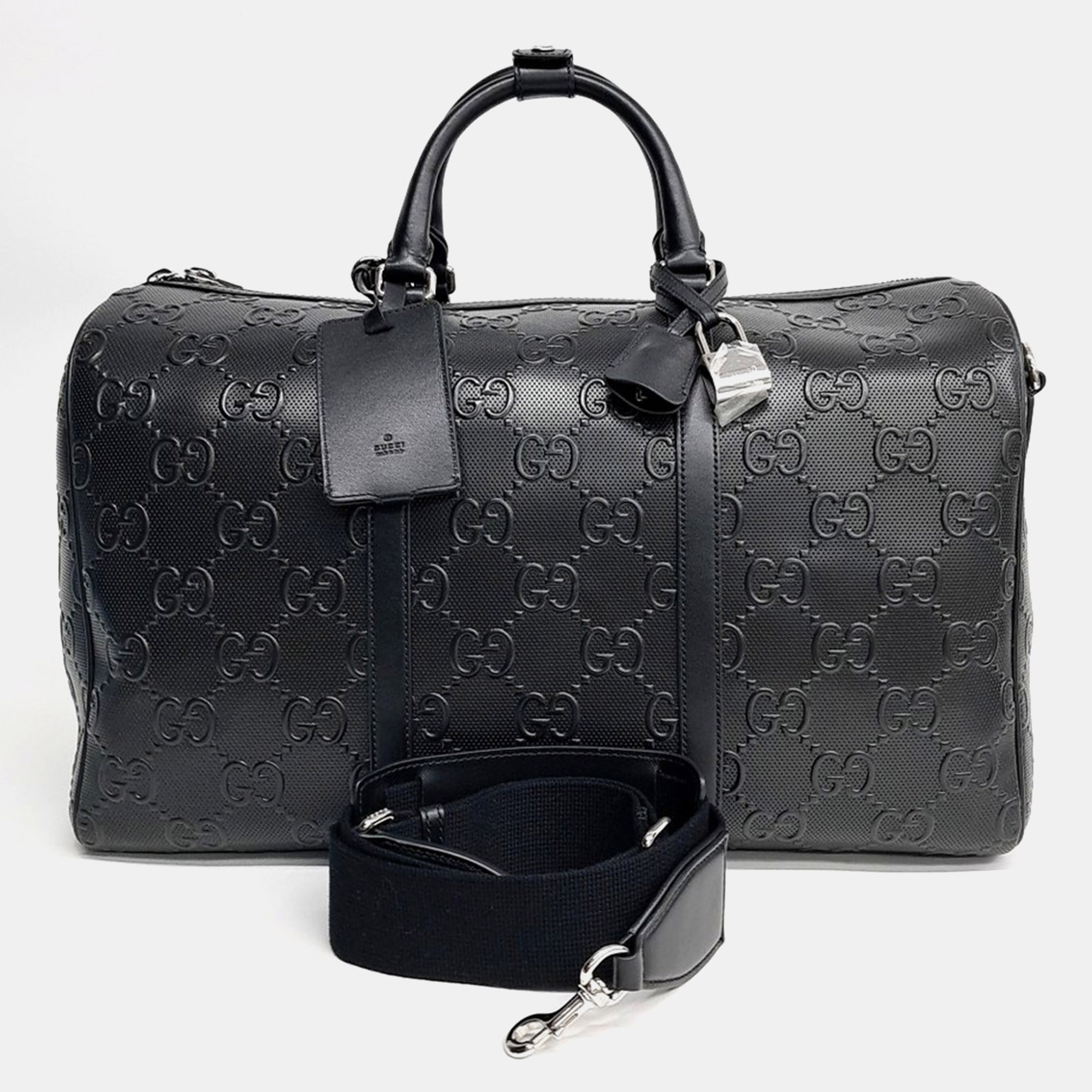 Gucci GG Embossed Duffle Black Leather Duffle Bag