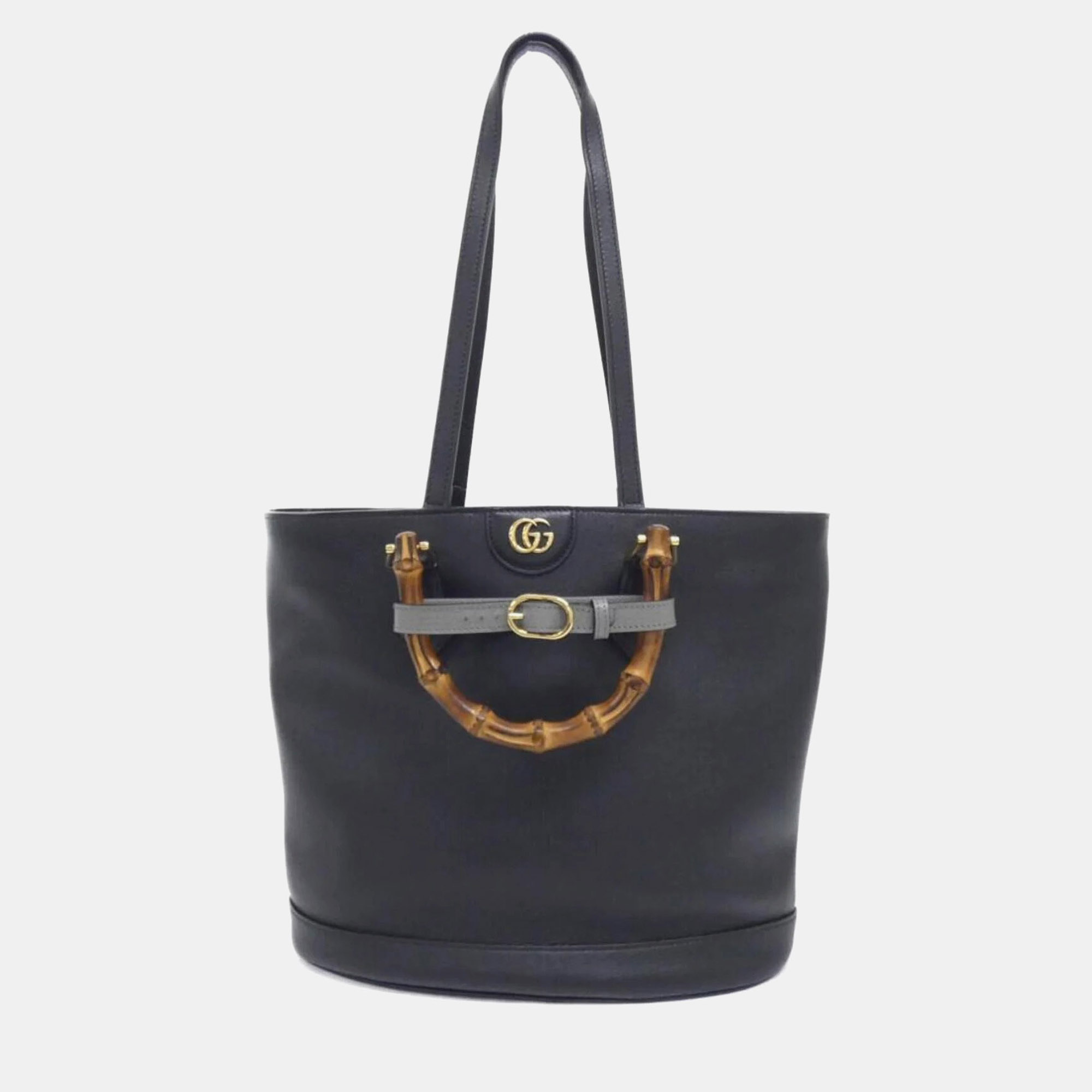Gucci Diana 750394 Black Calfskin Leather Bamboo Tote Bag