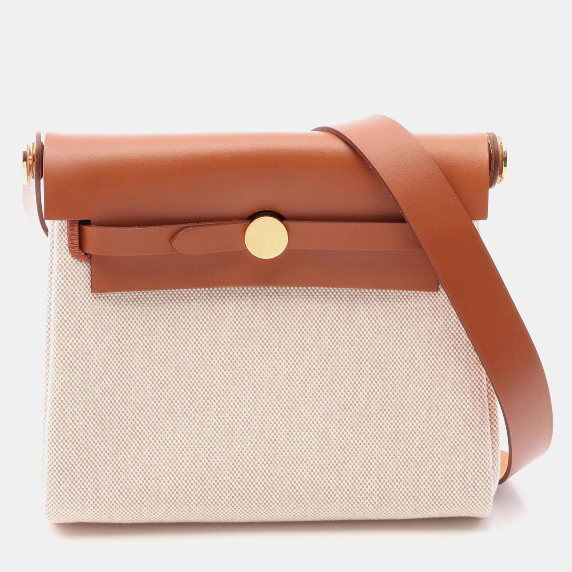Hermes Herbag Zip 20 Ecru Fauve Toile H Vache Hunter Leather Shoulder Bag