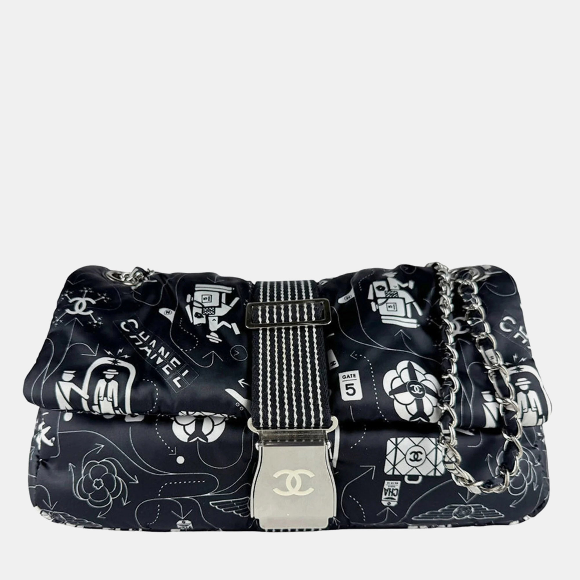 Chanel Airline Travel Icon Print Black White Nylon Silver -Tone Chain Shoulder Bag