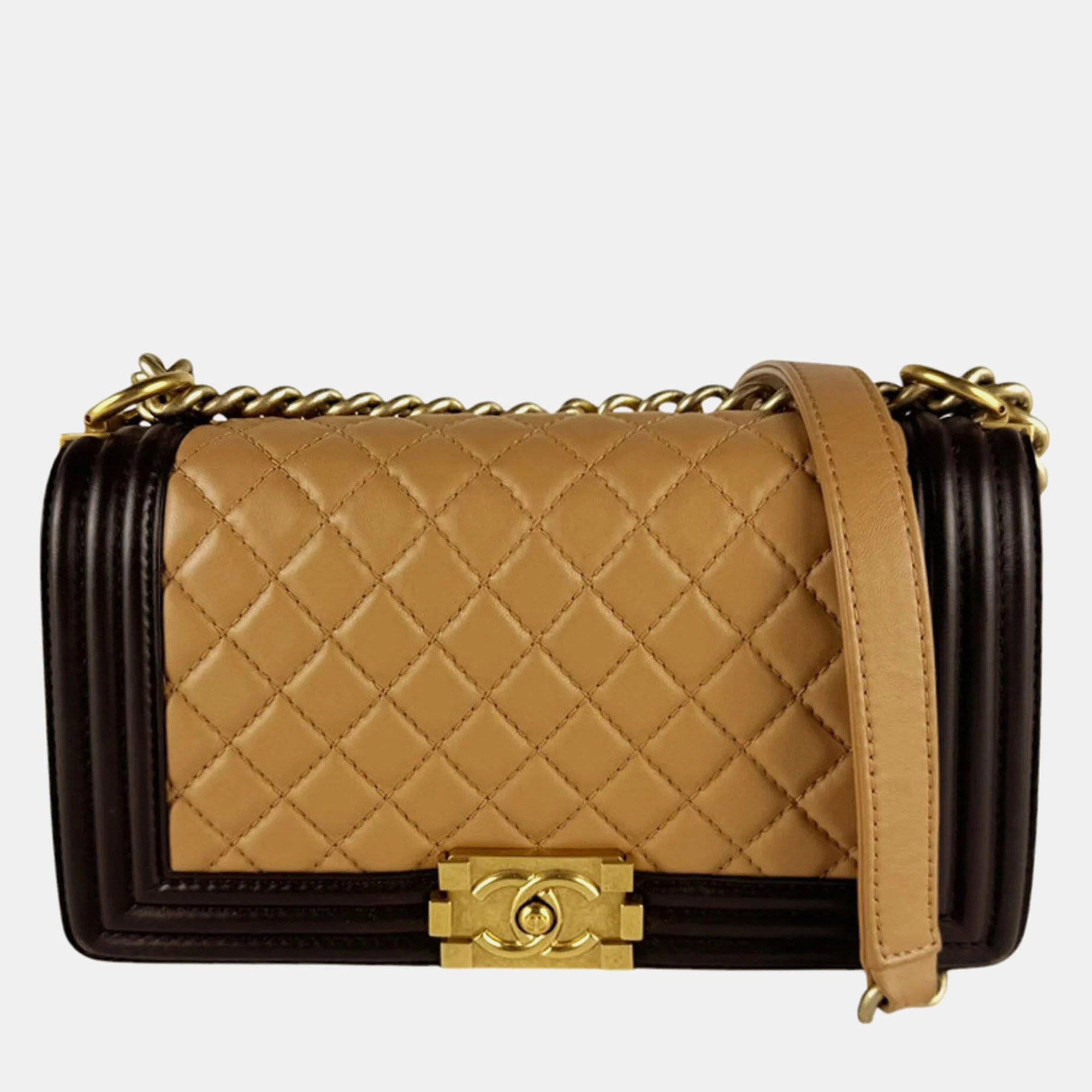 Chanel Boy Old Medium Beige Brown Quilted Leather Shoulder Bag