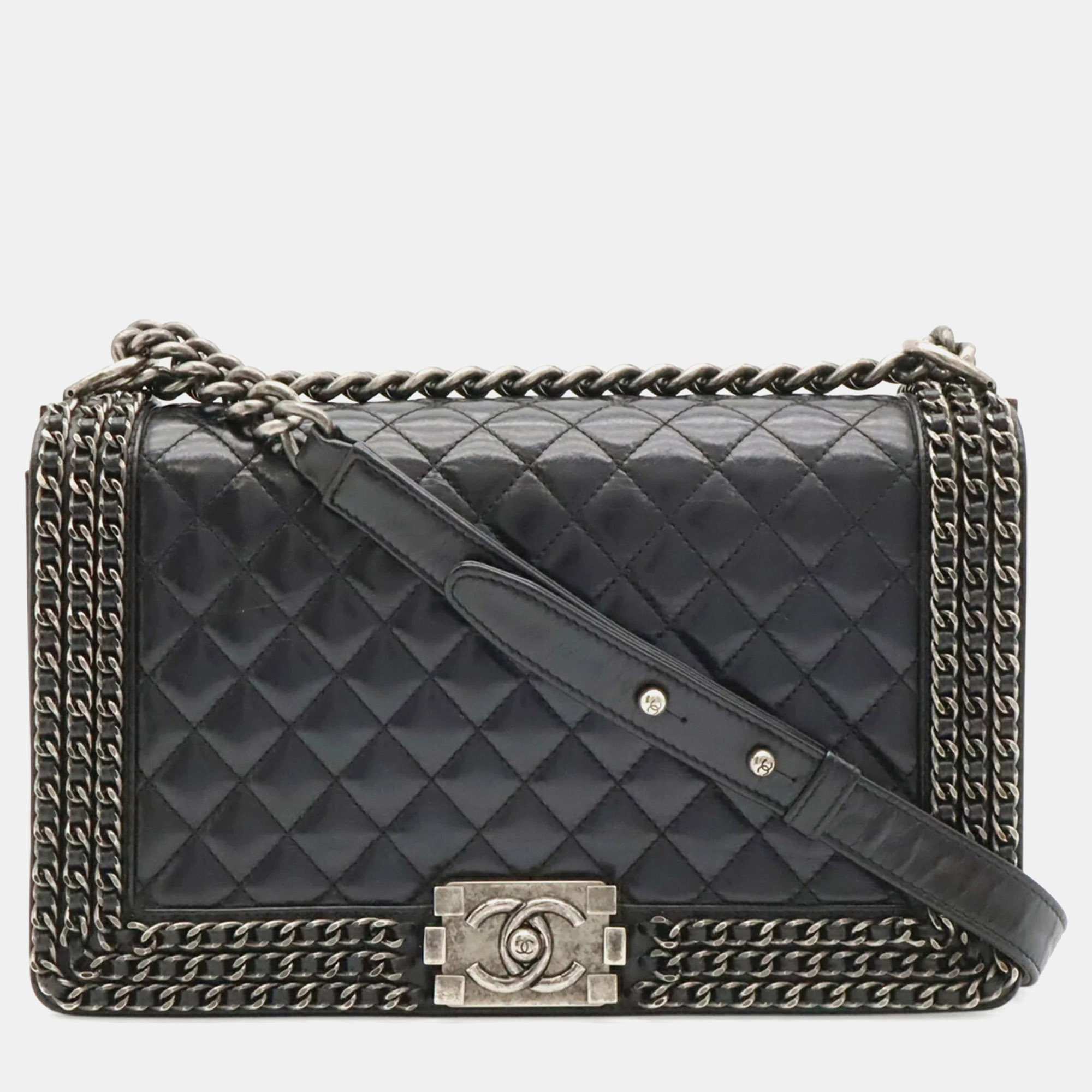 Chanel Boy Chanel Chained Quilted Glazed Calfskin New Medium Dark Navy Shoulder Bag