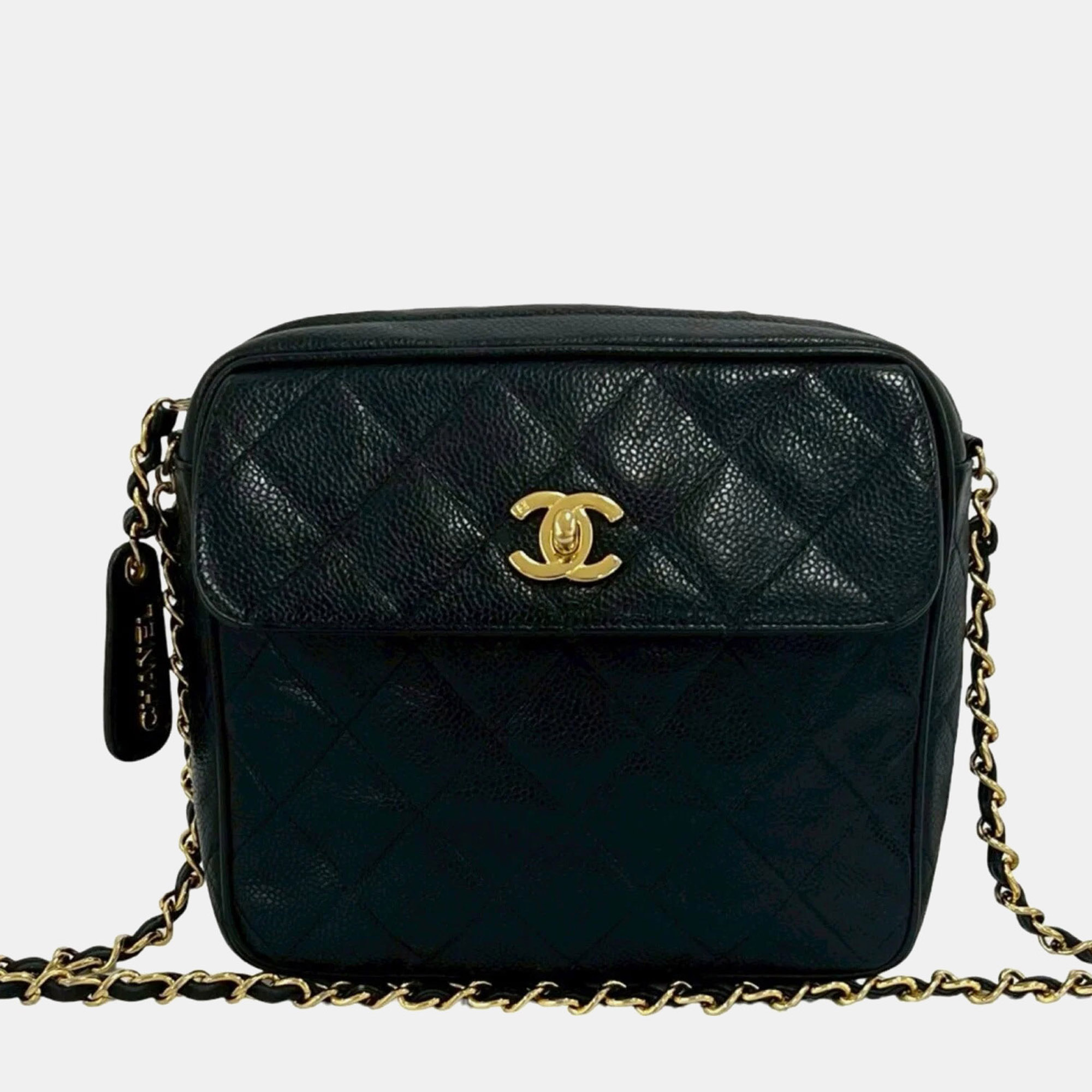 Chanel Vintage Matelasse Coco Mark Small Black Caviar Skin Front Pocket Shoulder Camera Bag