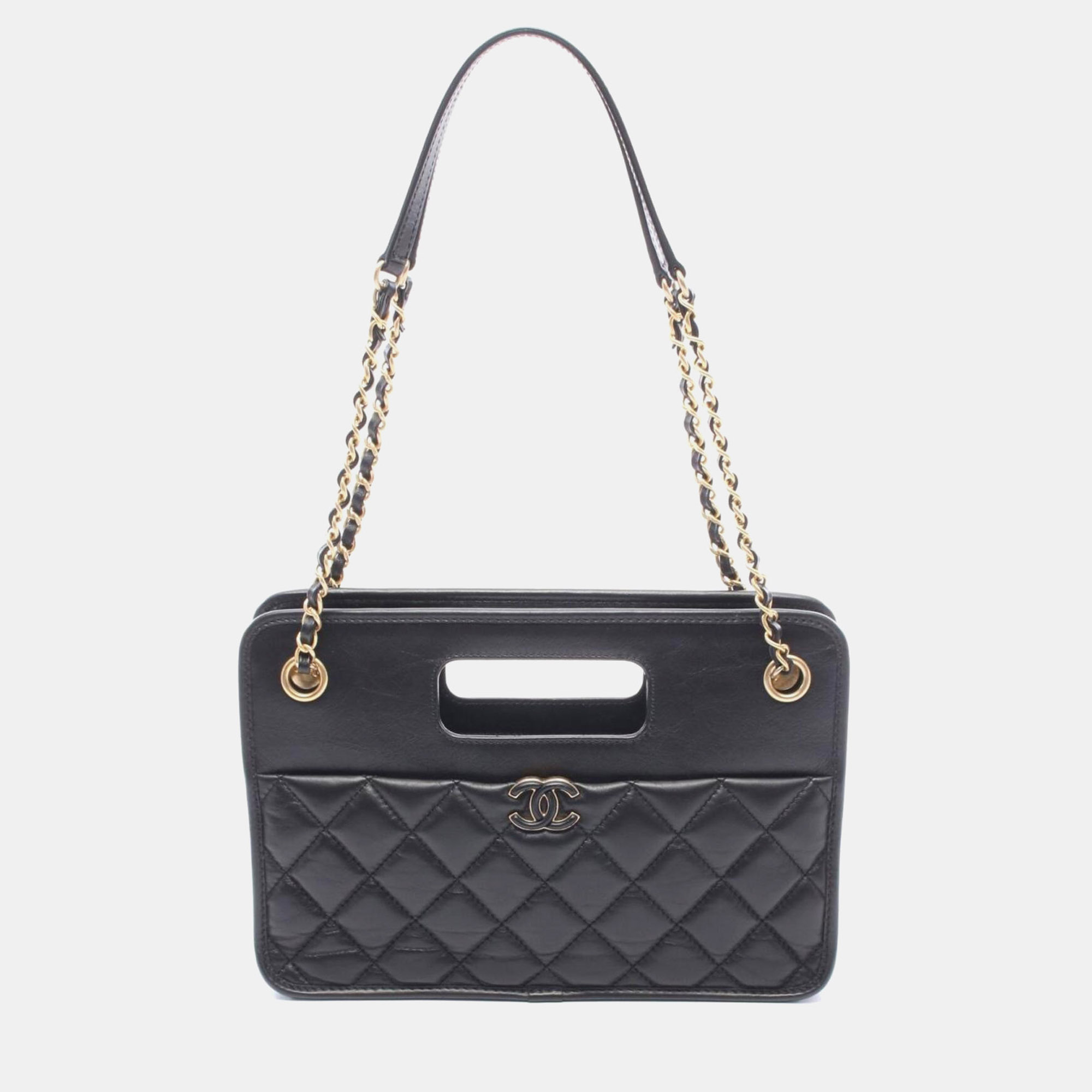 Chanel Graphic Catch Small Black Calfskin Leather Shopping Bag