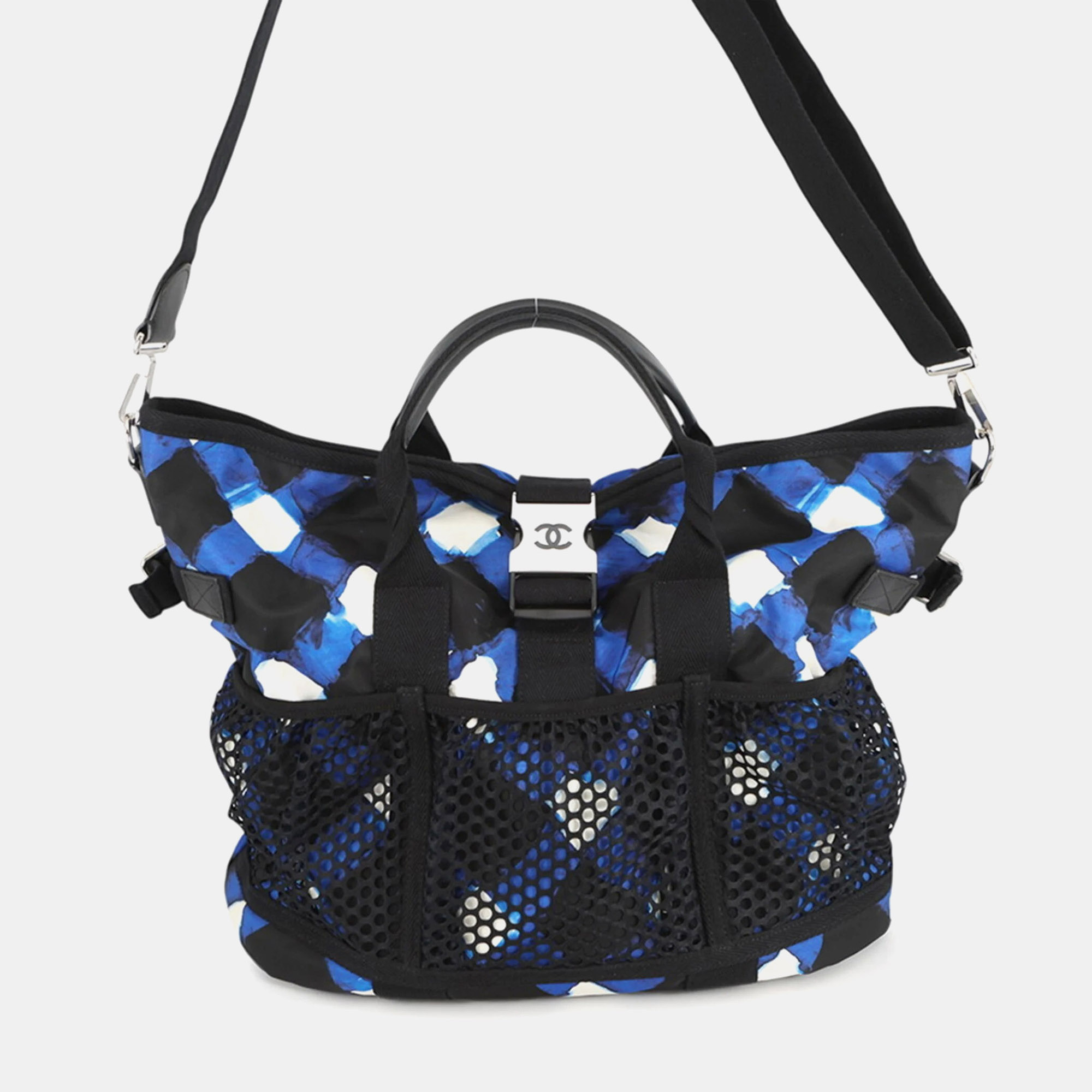 Chanel Airline Medium Blue Plaid Printed Nylon Mesh Two -Way Tote Bag