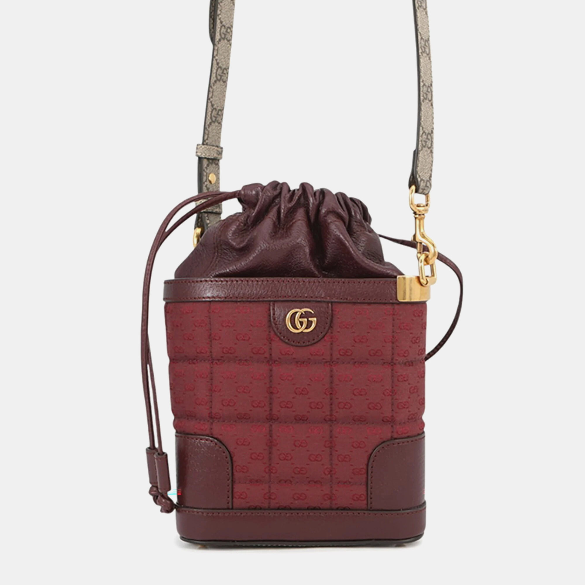 Gucci GG Bordeaux Quilted Mini GG Ebony Supreme Canvas Trim Leather Crossbody Bucket Bag