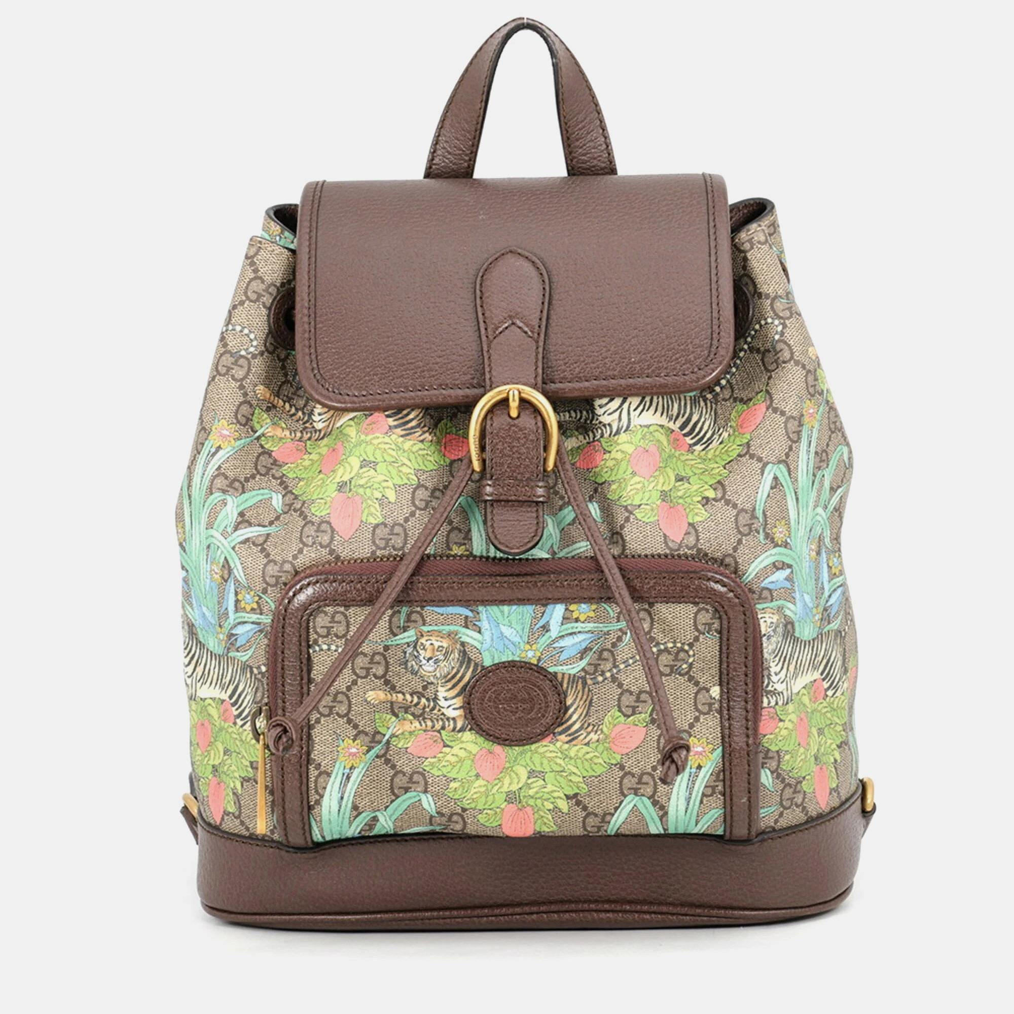 Gucci Interlocking G Tiger Beige Brown GG Supreme Canvas Leather Backpack Bag