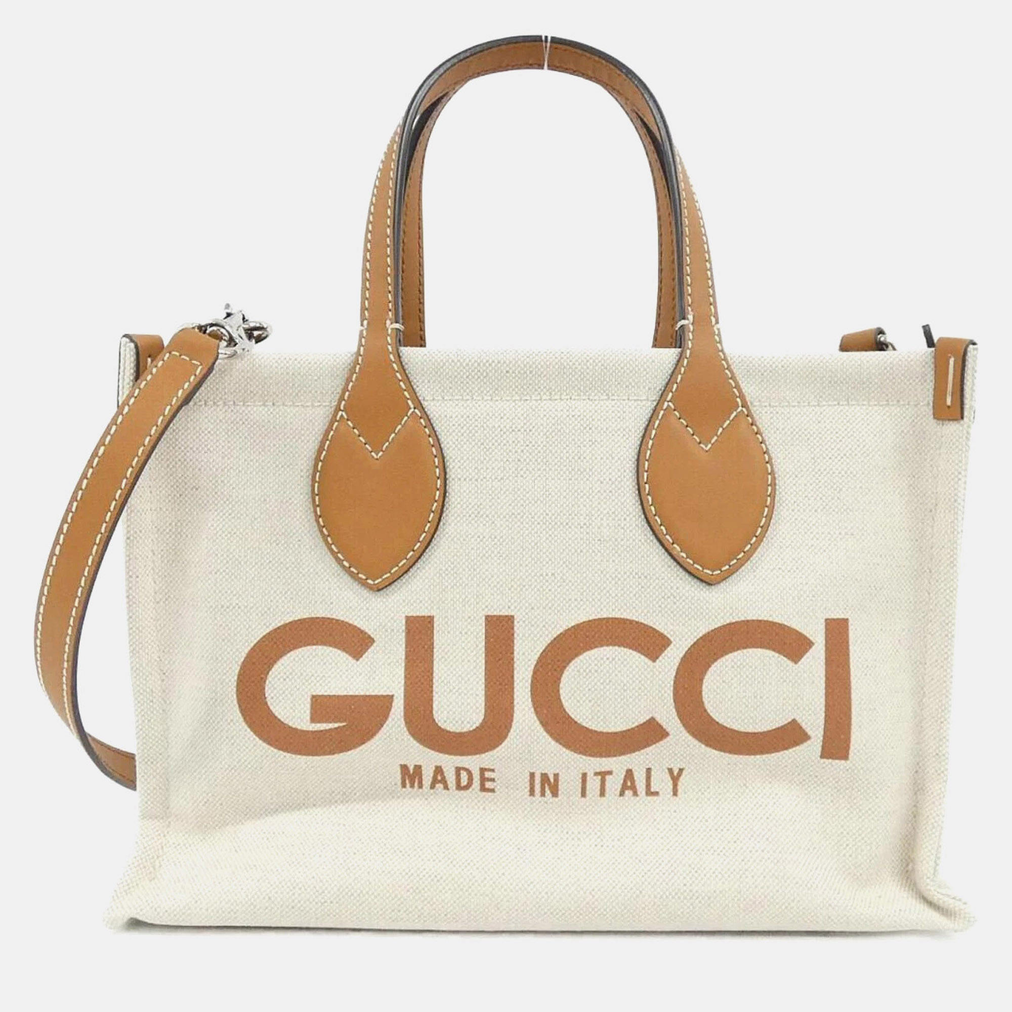 Gucci Print Mini 27 Beige Light Brown Cotton Linen Canvas Leather Shoulder Tote Bag