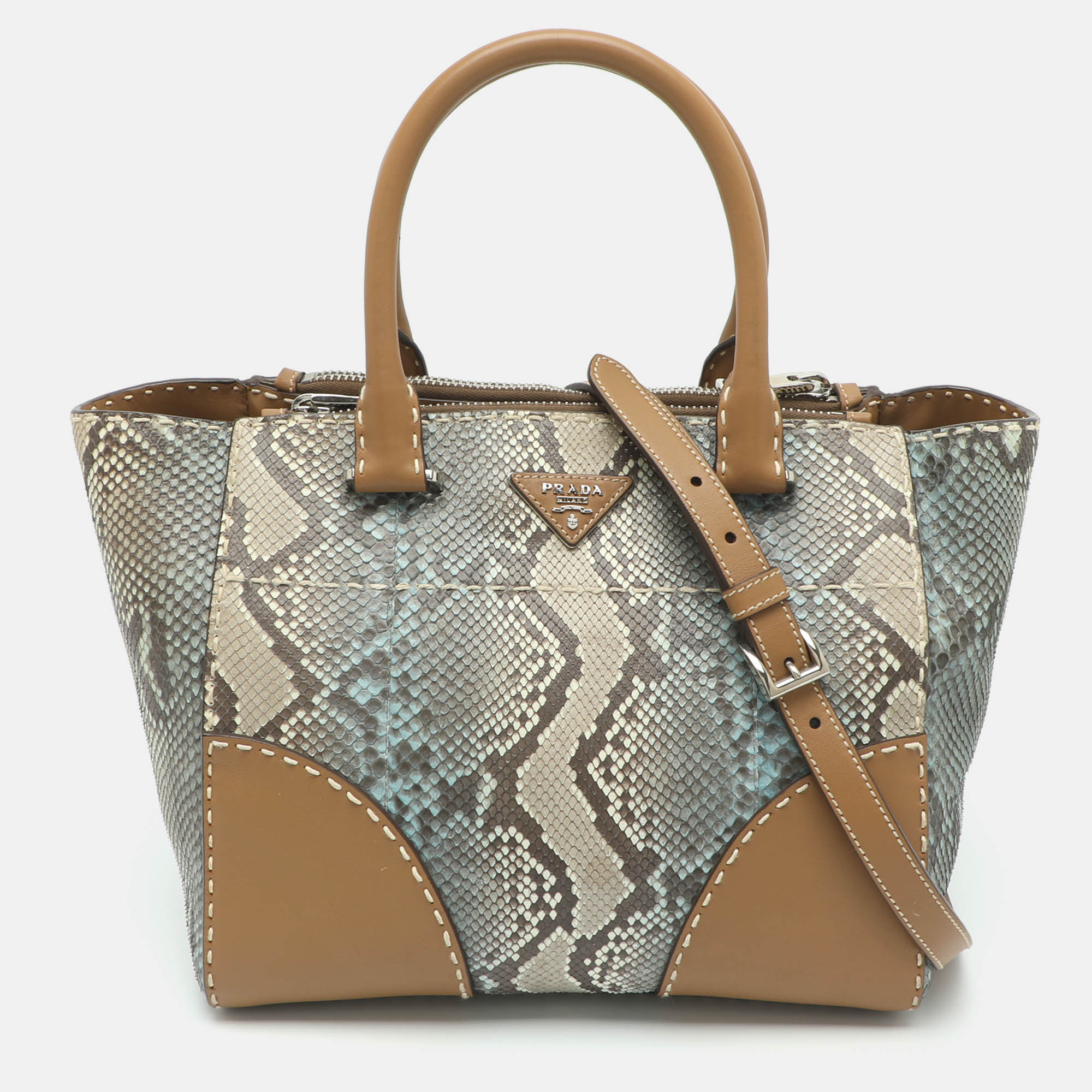 Prada Twin Grey/Brown Leather and Python Leather Tote