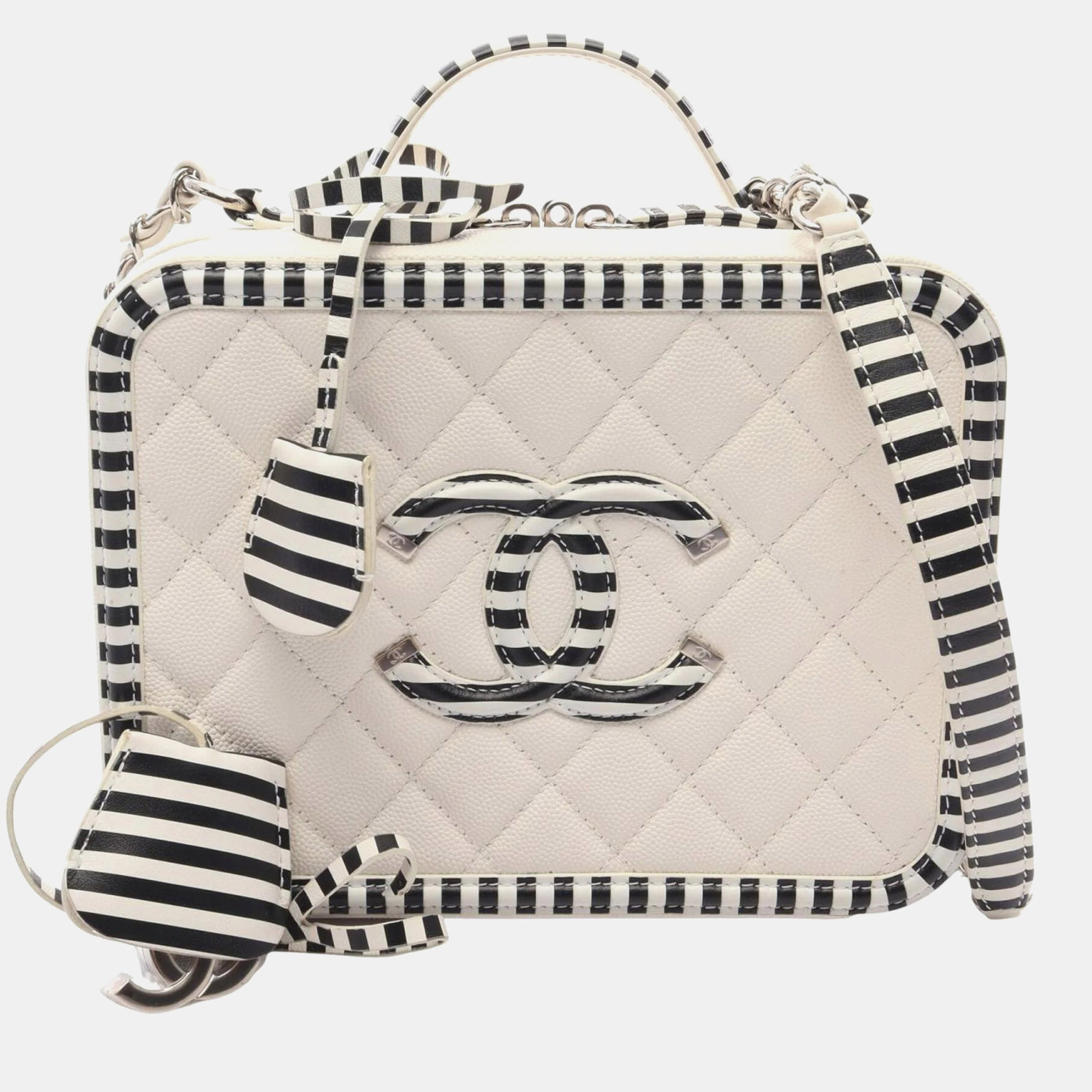 Chanel CC Filigree Medium White Black Grained Calfskin Leather Vanity Case Bag