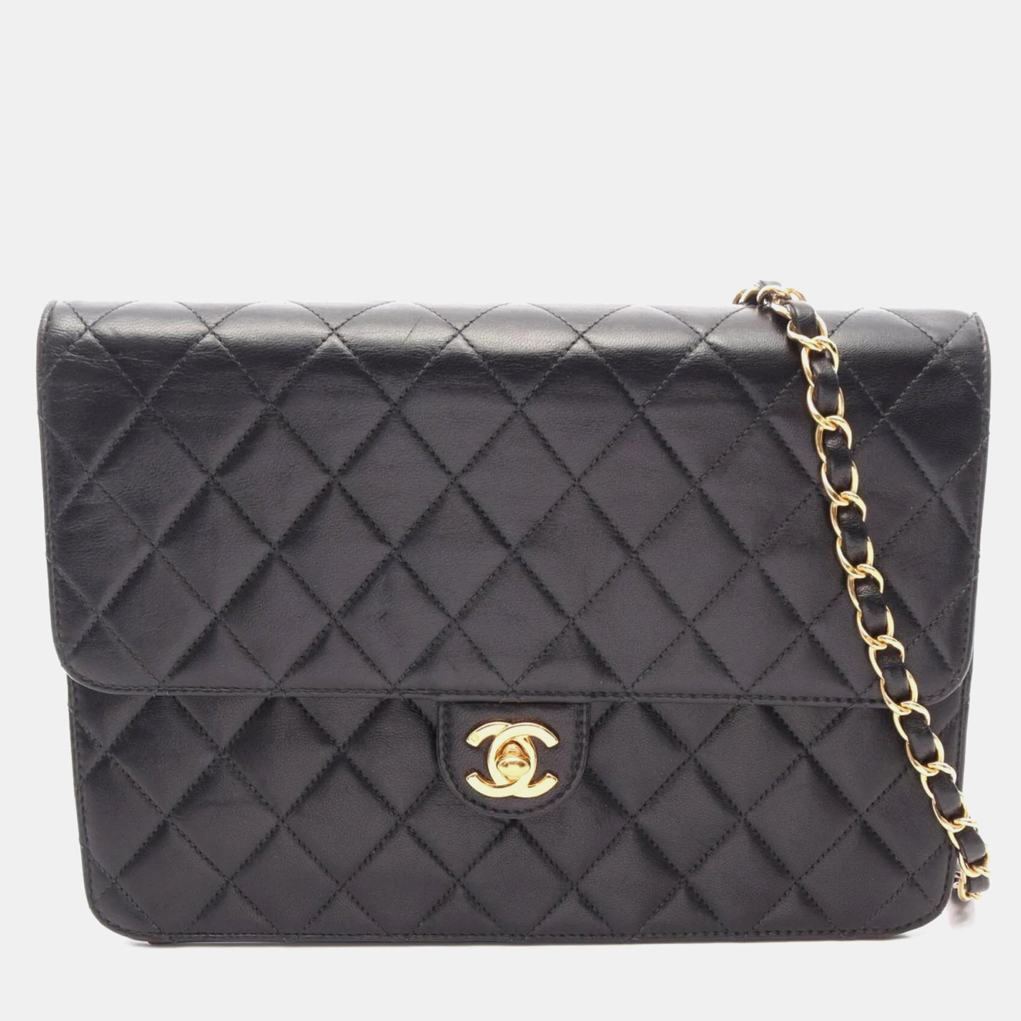 Chanel Vintage Matelasse Single Flap Black Lambskin Leather Shoulder Bag