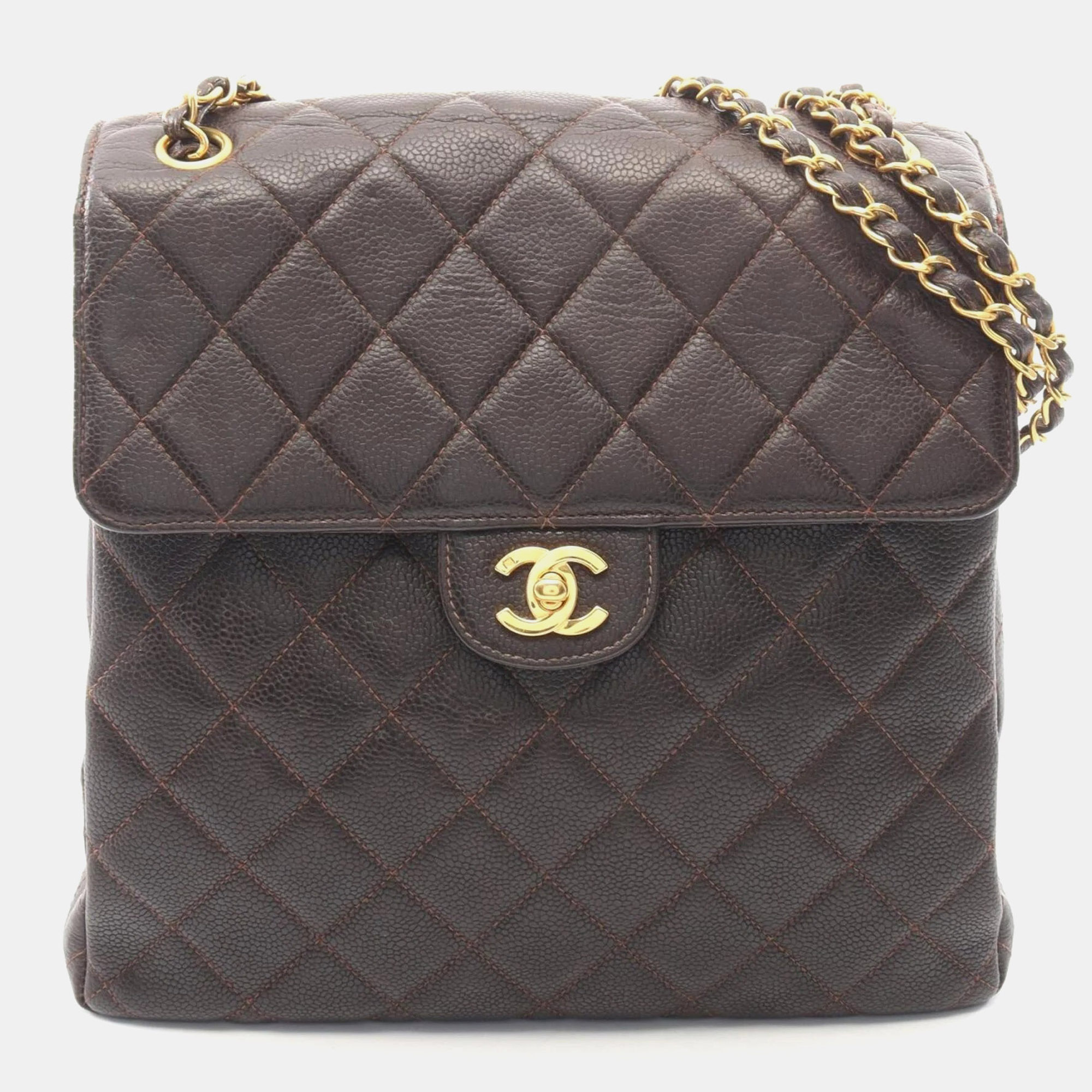 Chanel Matelasse Double -Faced Brown Grained Calfskin Leather Shoulder Bag