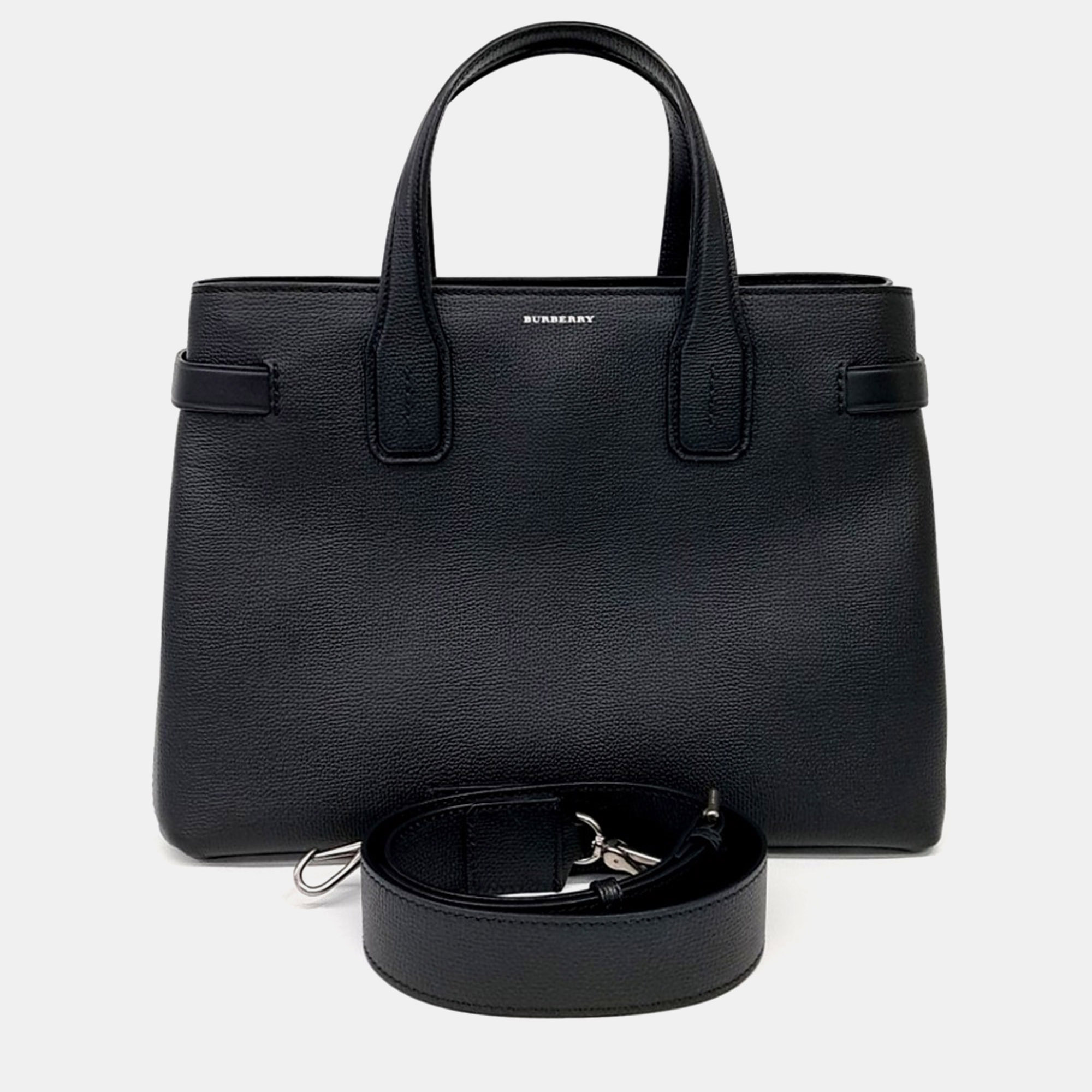Burberry Banner Medium Black Grained Leather Top Handle Bag