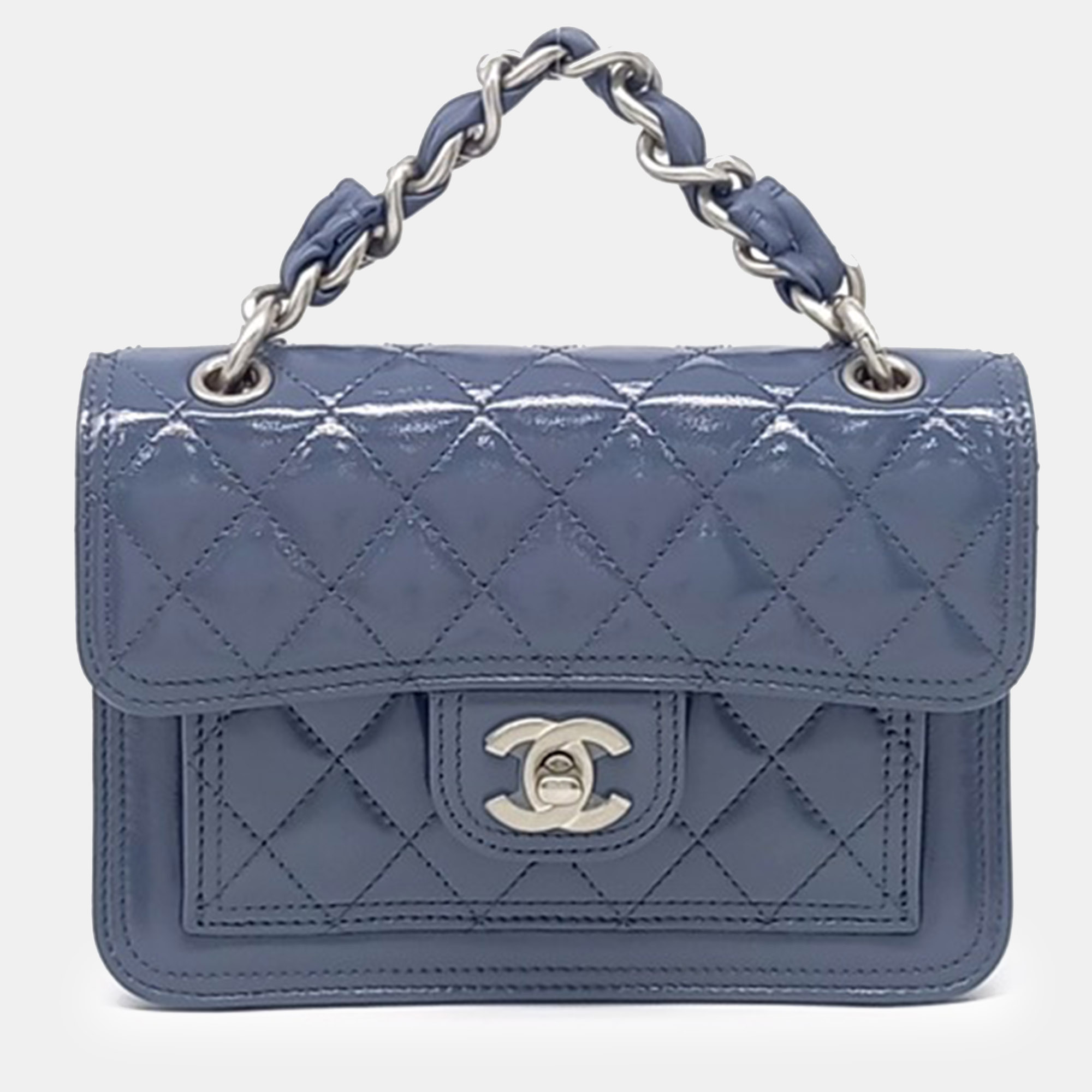 Chanel Top Handle Mini Flap Bag Blue Patent Leather Crossbody Bag