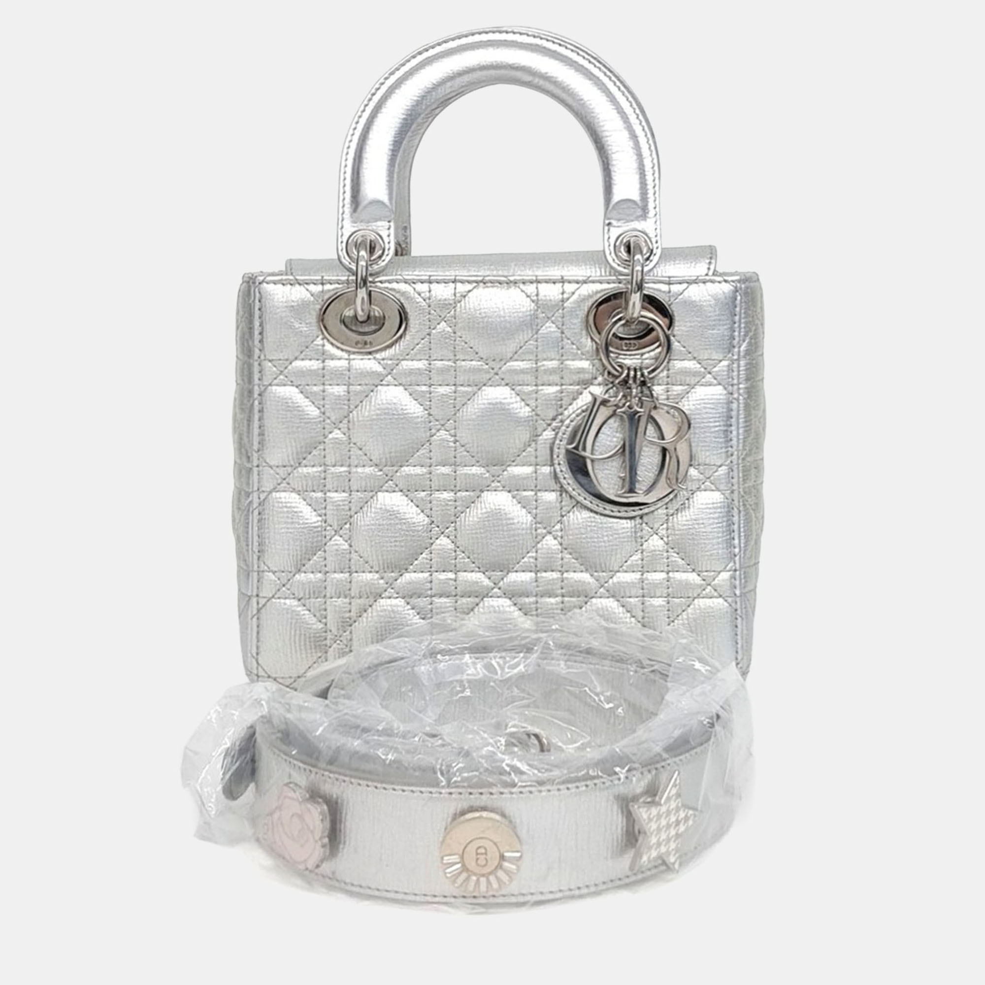 Dior Lady Dior Small Silver Metallic Cannage Lambskin Leather Top Handle Bag