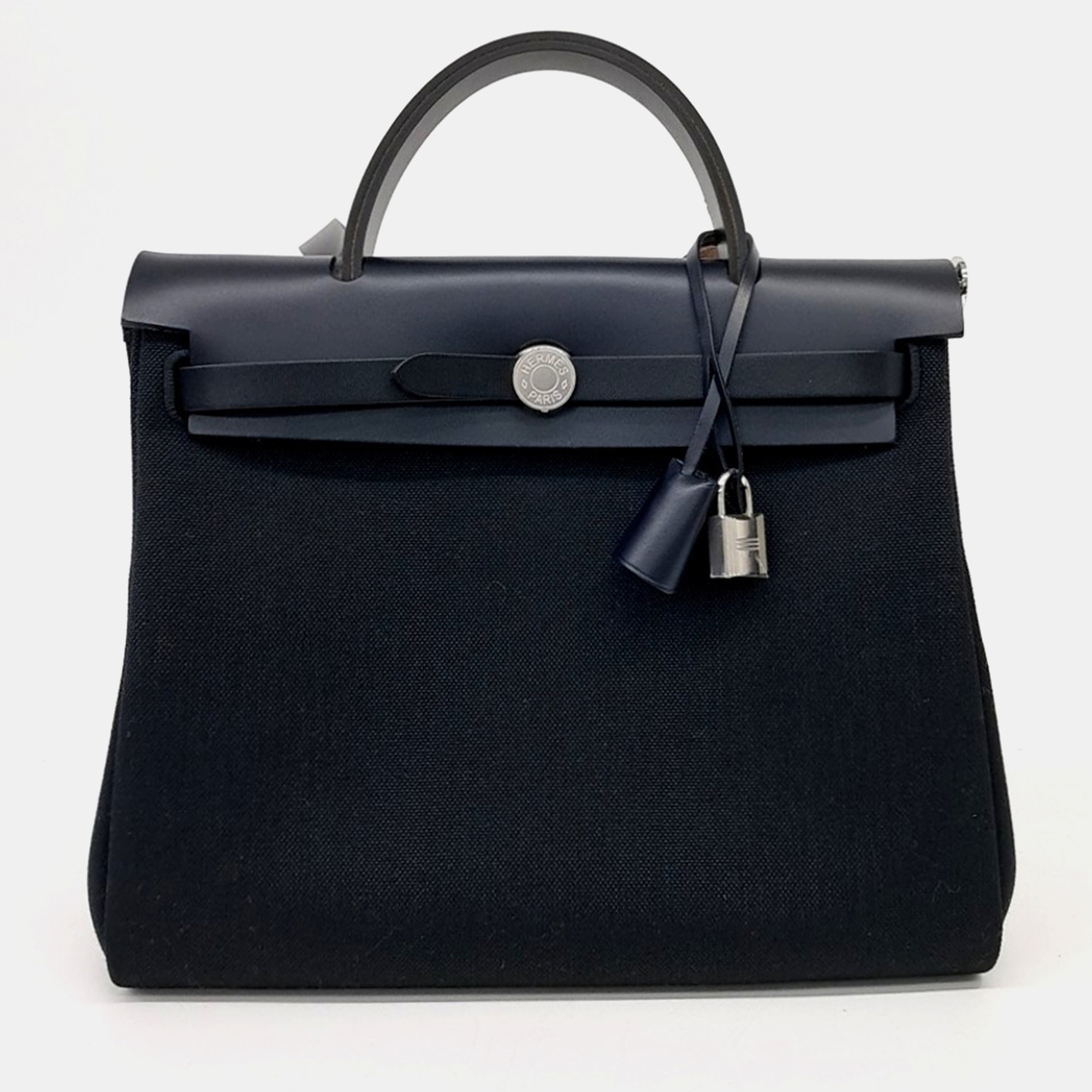 Hermes Herbag Zip Retourne PM Black Toile Officier Canvas Hunter Cowhide Leather Top Handle Bag