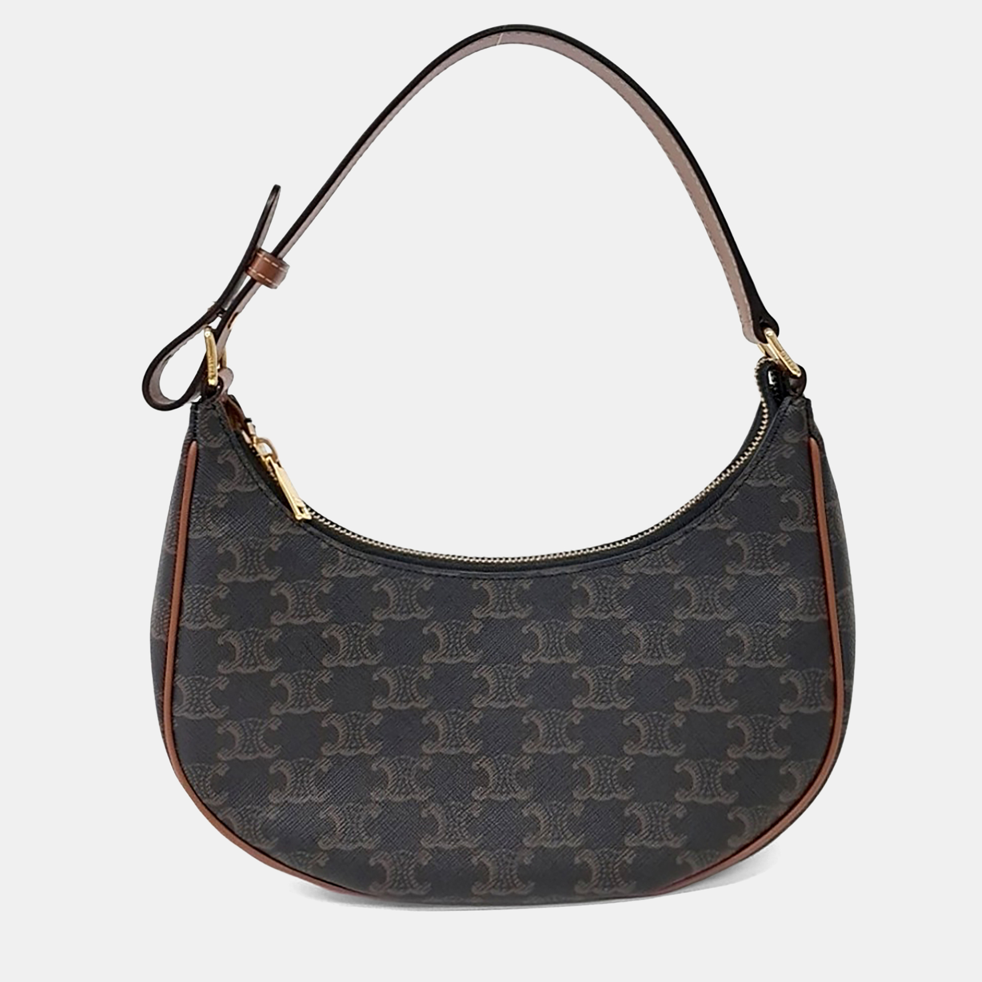 Celine Ava Hobo Triomphe Canvas Calfskin Leather Shoulder Bag