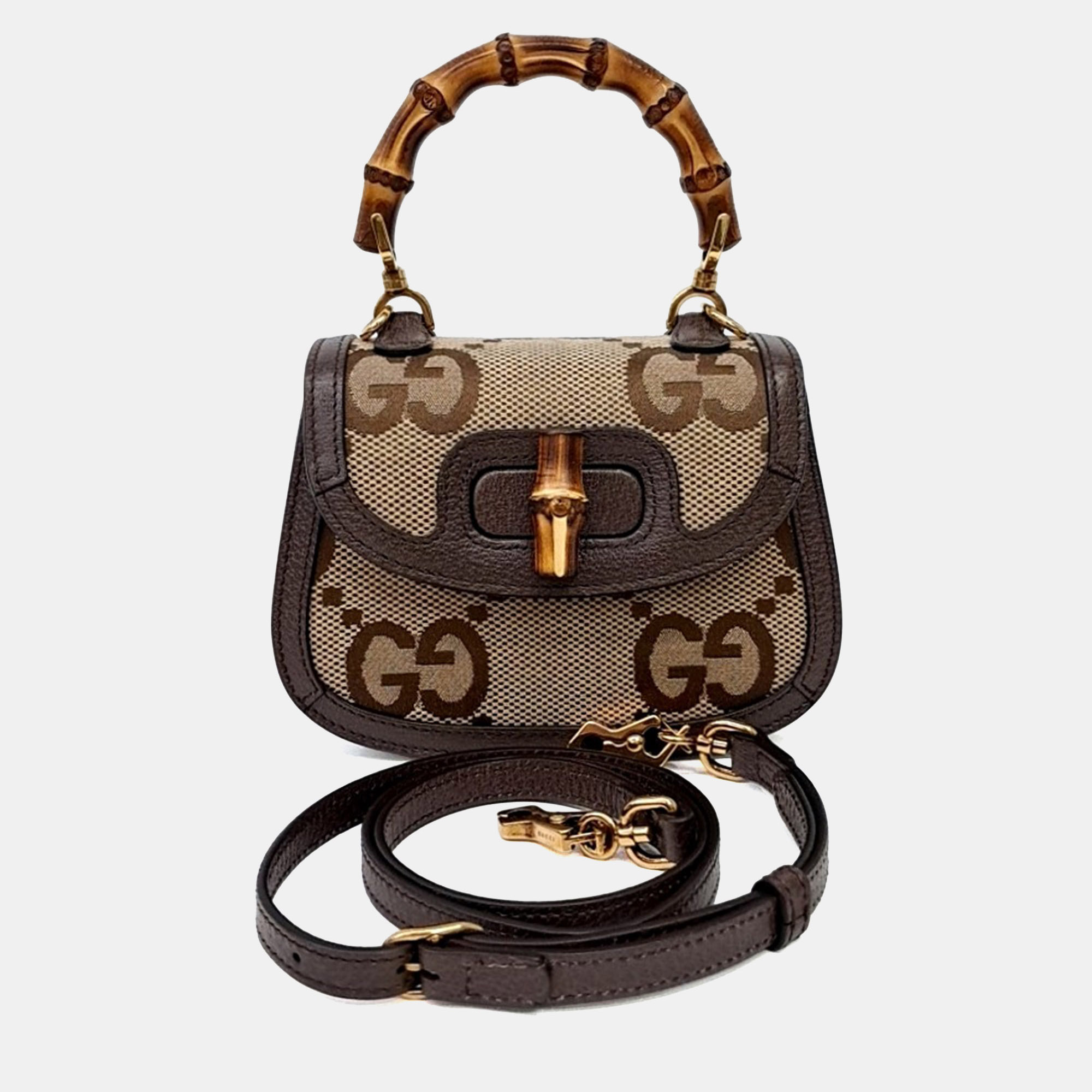 Gucci Bamboo 1947 Mini Beige Brown Jumbo GG Canvas Leather Top Handle Bag
