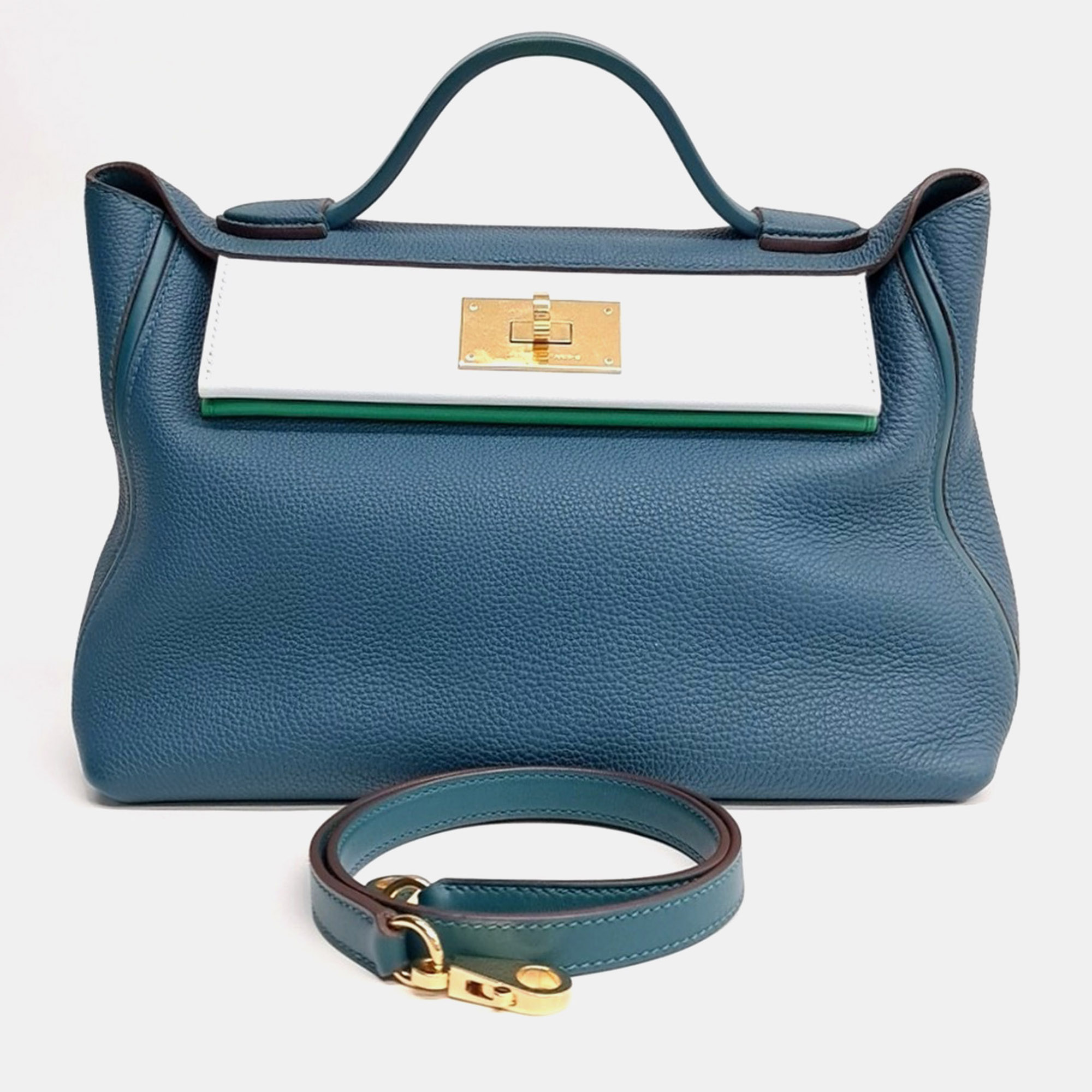 Hermes Kelly 2424 29 Blue Calfskin Leather Top Handle Bag