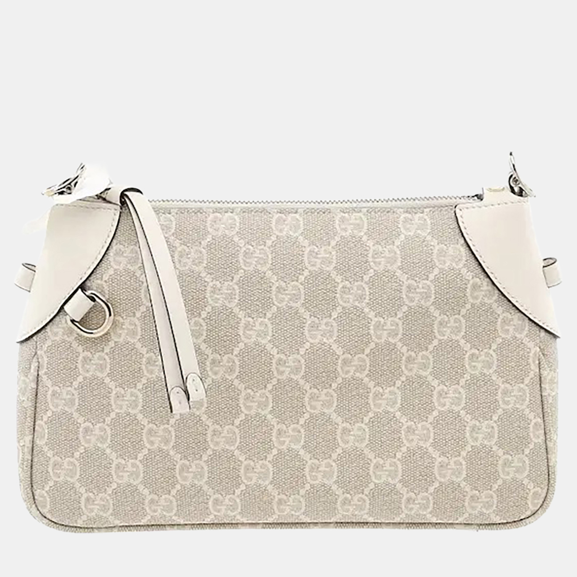 Gucci GG Emblem Small Beige Monogram Coated Canvas Calfskin Leather Shoulder Bag