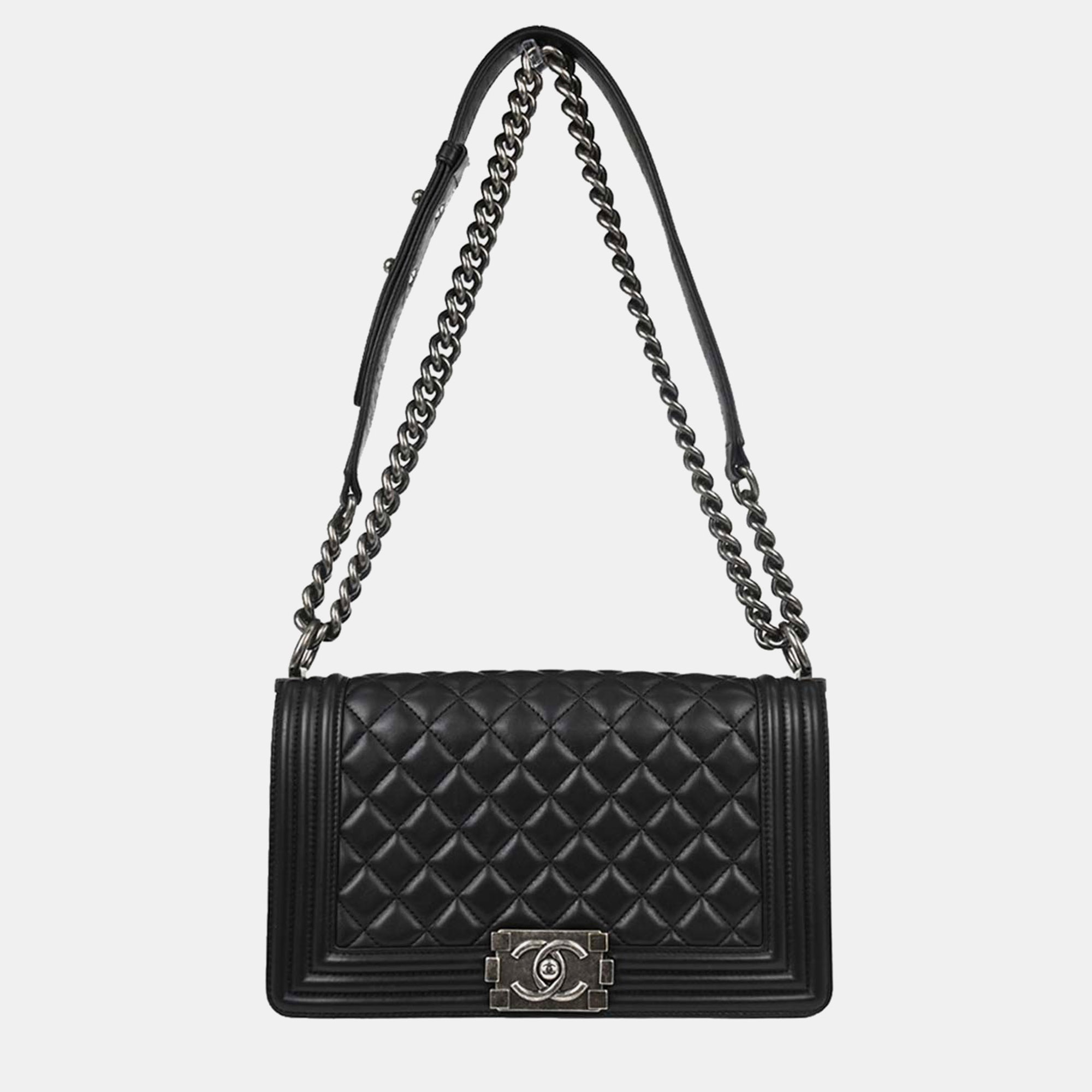 Chanel Boy Old Medium Black Lambskin Ruthenium Shoulder Bag