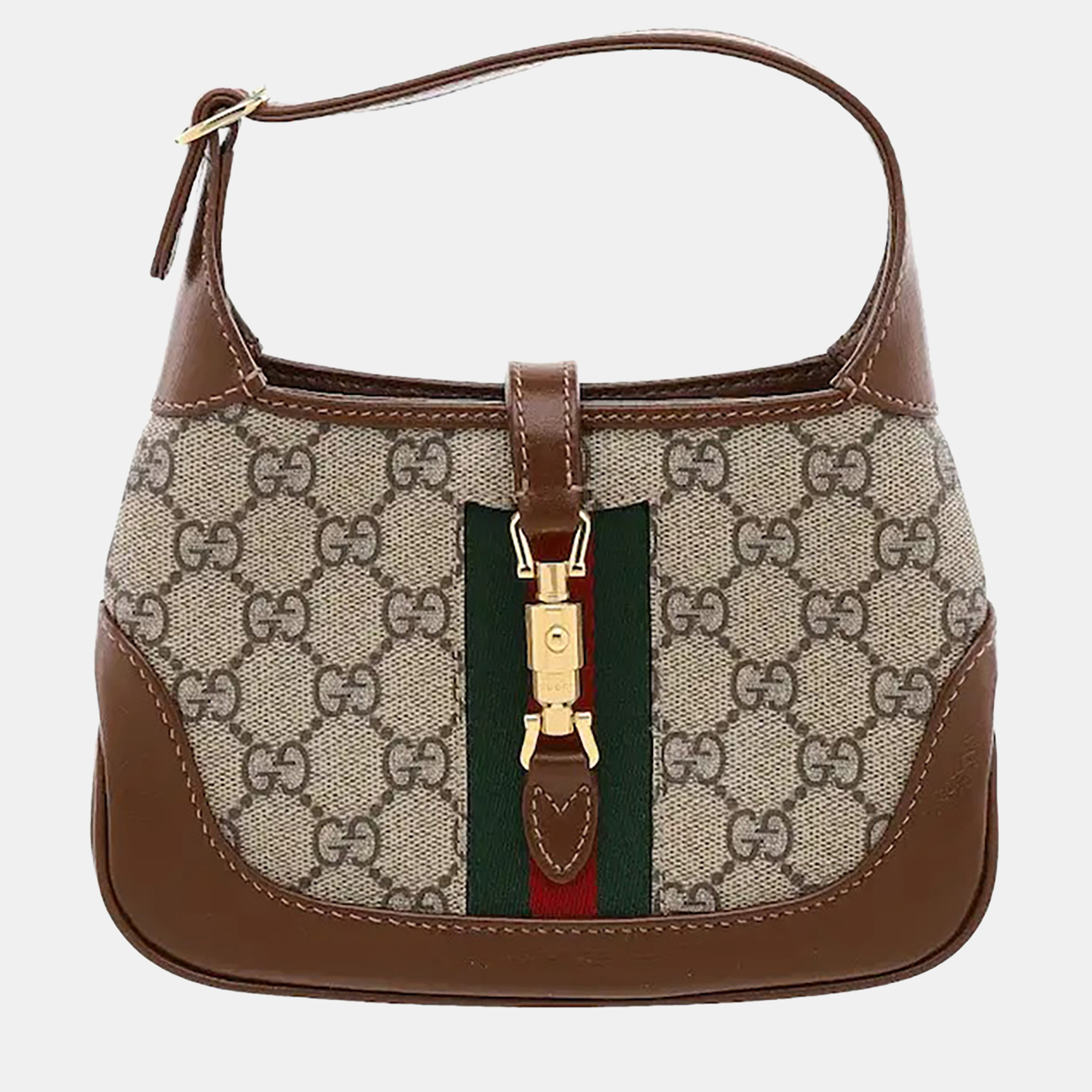 Gucci Jackie 1961 Mini Beige GG Supreme Canvas Brown Leather Shoulder Bag