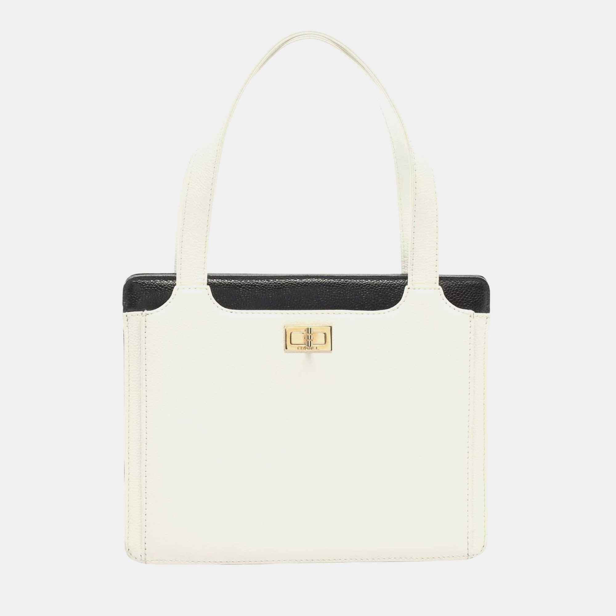 Chanel 2.55 White Black Caviar Grained Calfskin Leather Tote Bag