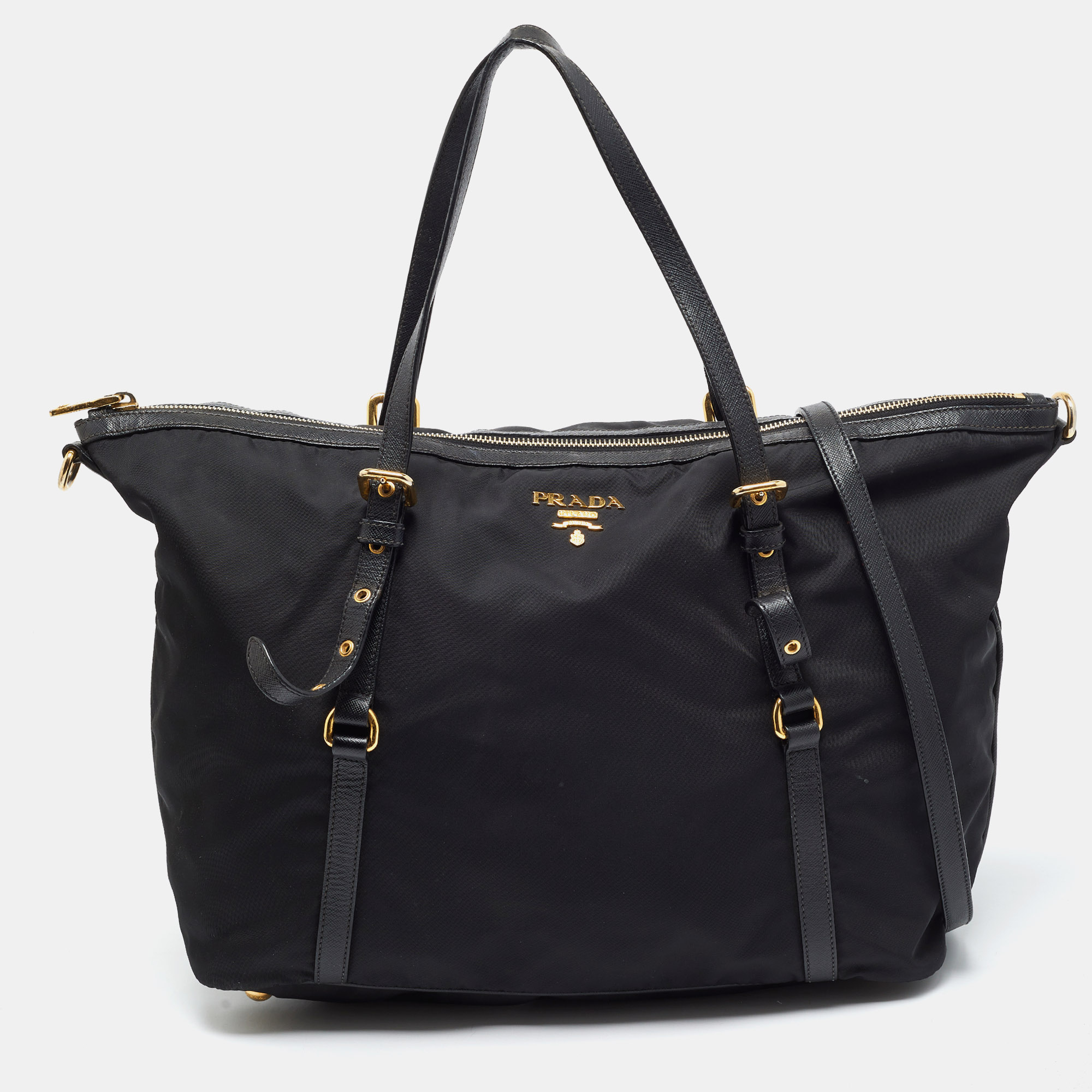 Prada Buckle Black Leather and Nylon Tote