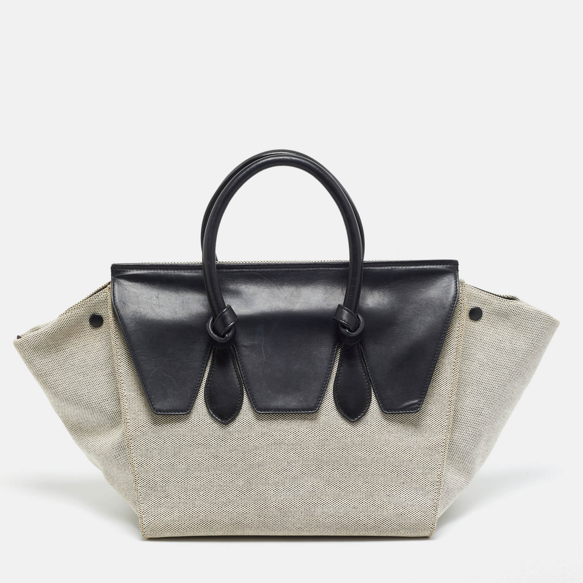 Celine Tie Small Black/Cream Canvas and Leather Tote