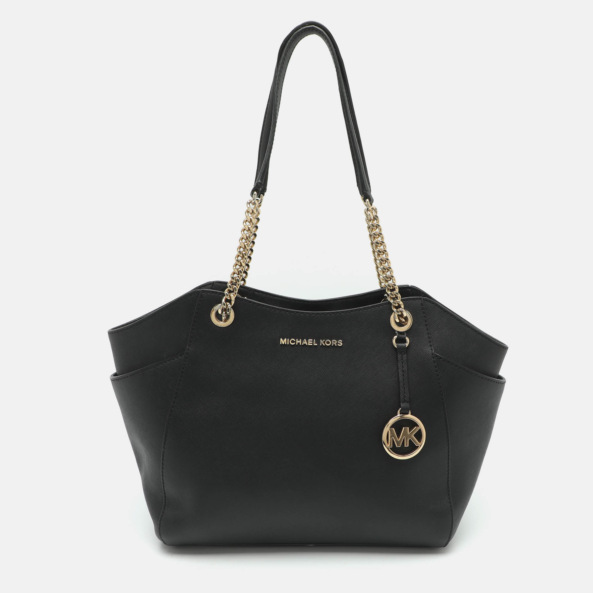 Michael Kors Jet Set Travel Large Black Leather Chain Tote
