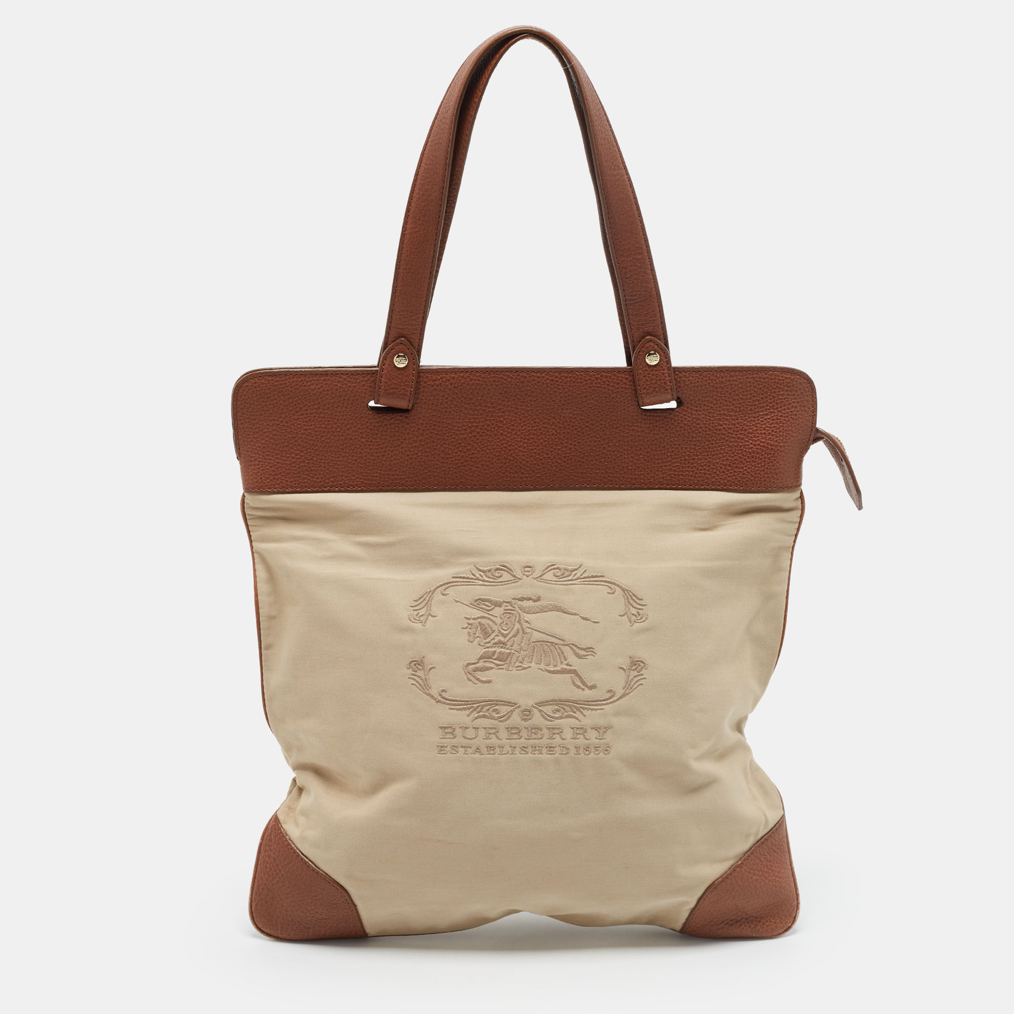 Burberry Stowell Roll Up Brown/Beige Fabric and Leather Tote