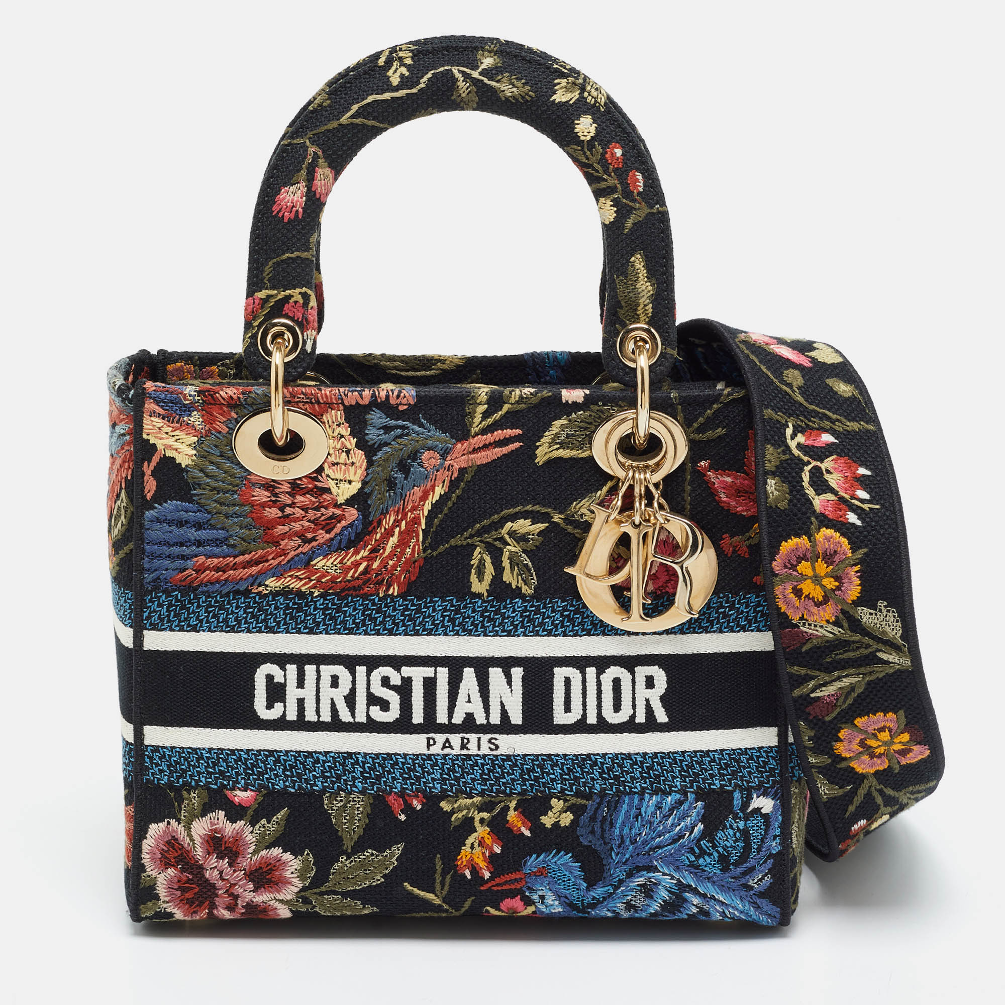 Dior Lady D-Lite Medium Navy Blue/Multicolor Floral Embroidered Canvas Tote