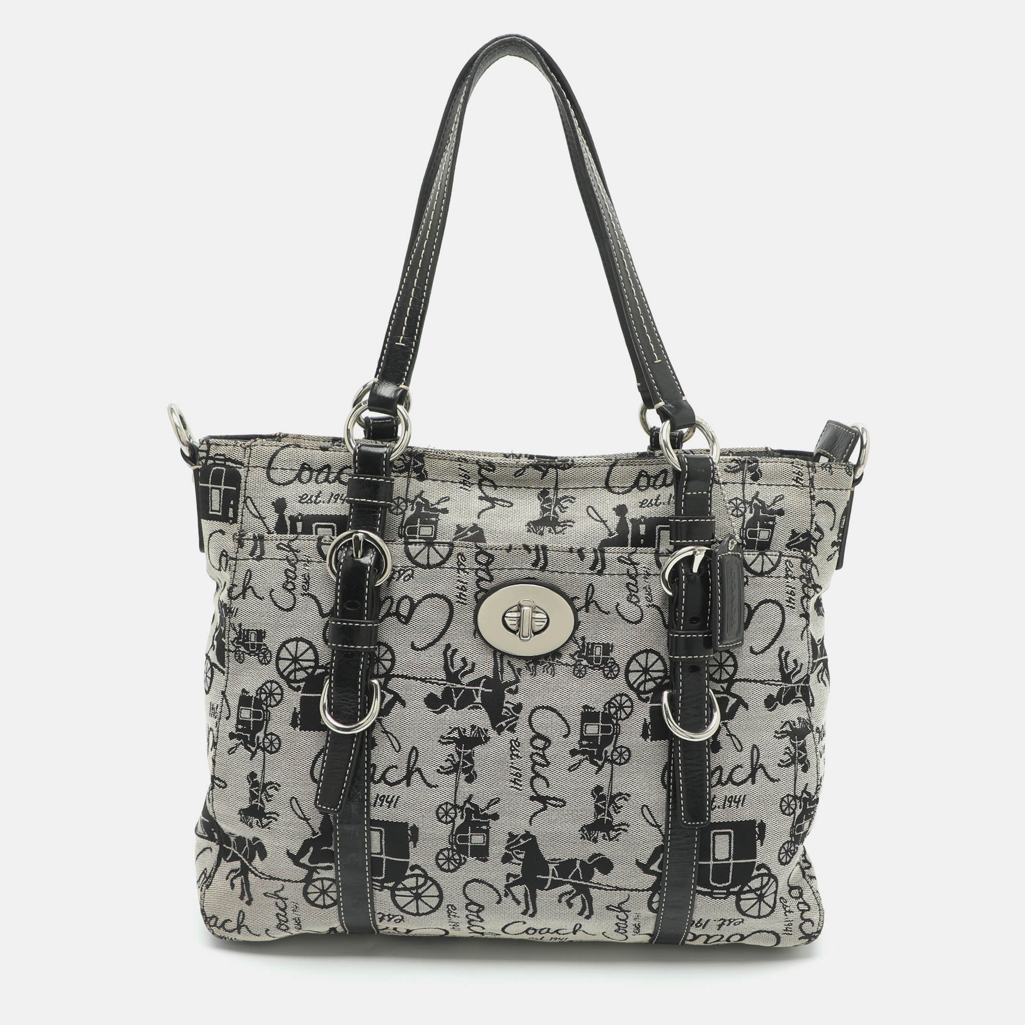 Coach Chelsea Grey/Black Horse and Carraige Emroidered Canvas and Leather Tote