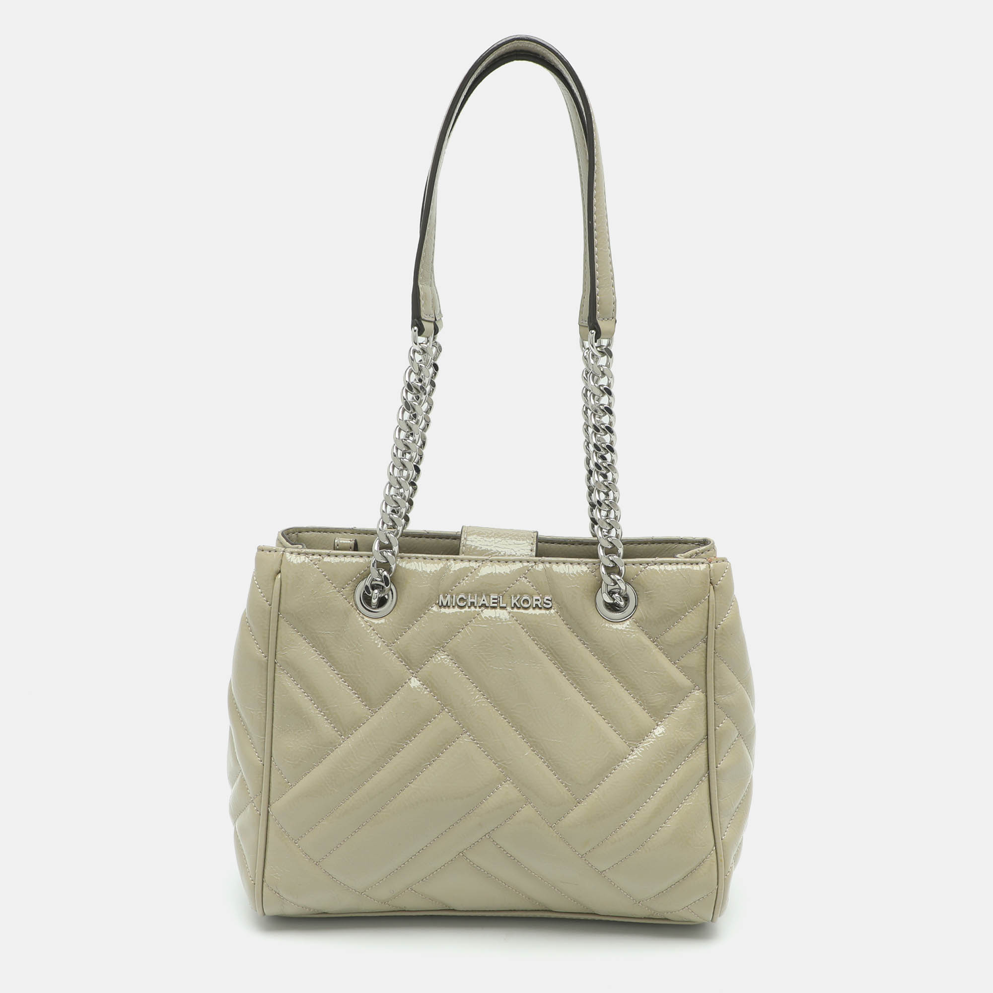 Michael Kors Grey Textured Patent Leather Chain Tote