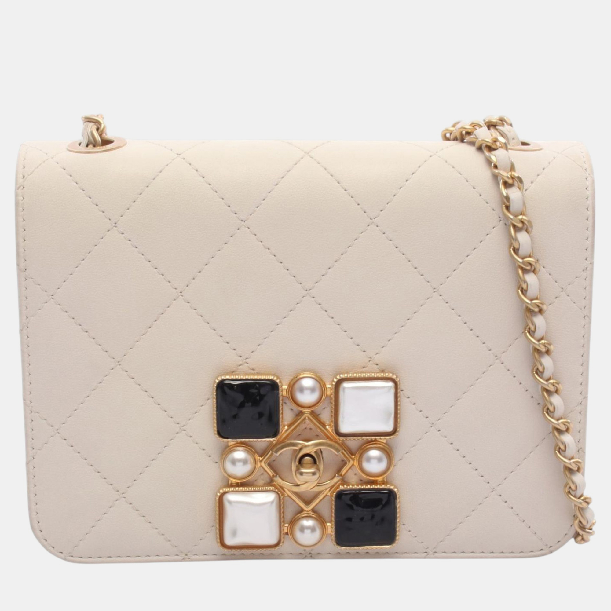 Chanel Resin and Pearl CC Full Flap Small White Quilted Calfskin Leather Crossbody Bag