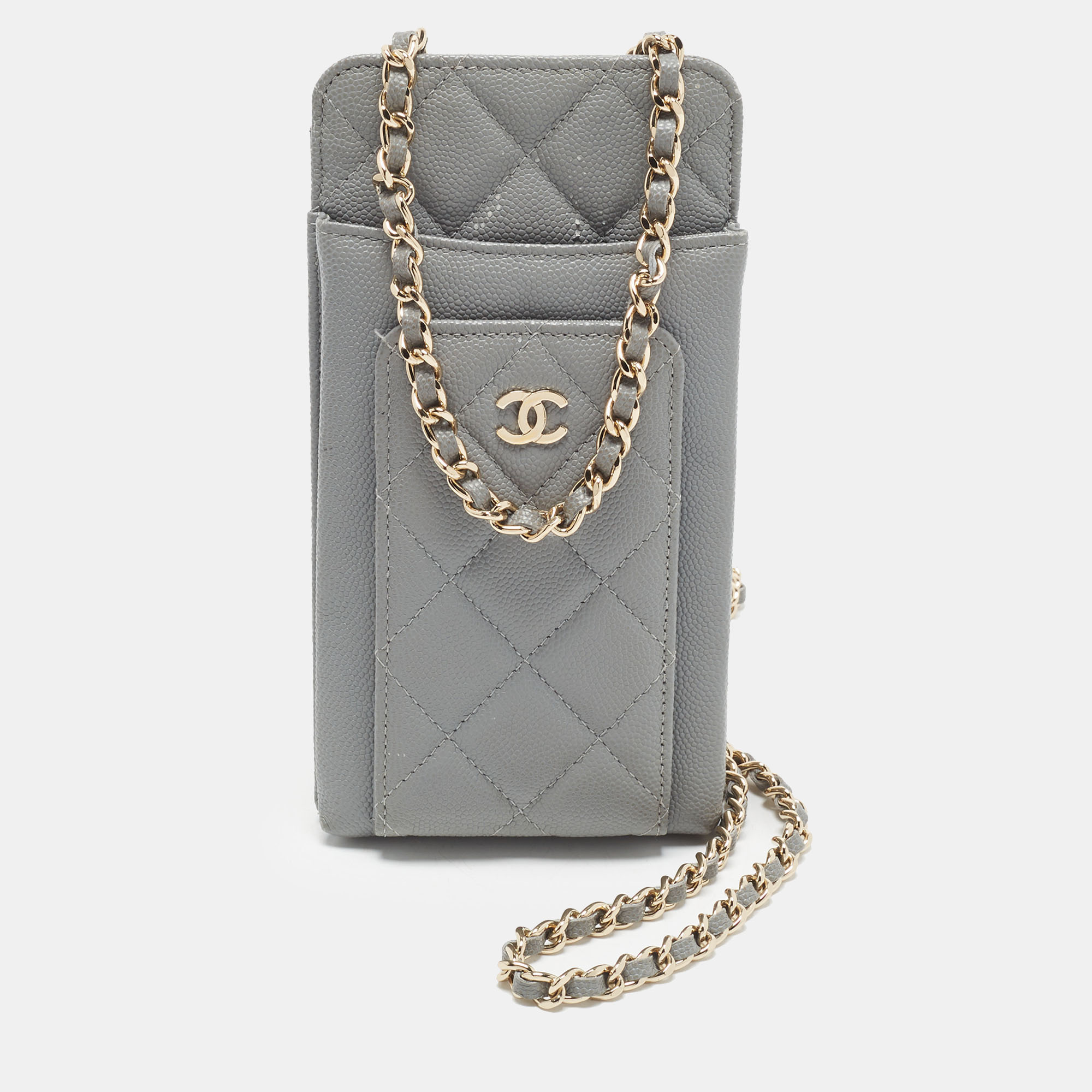 Chanel O-Phone Holder Grey Quilted Caviar Leather Crossbody Bag