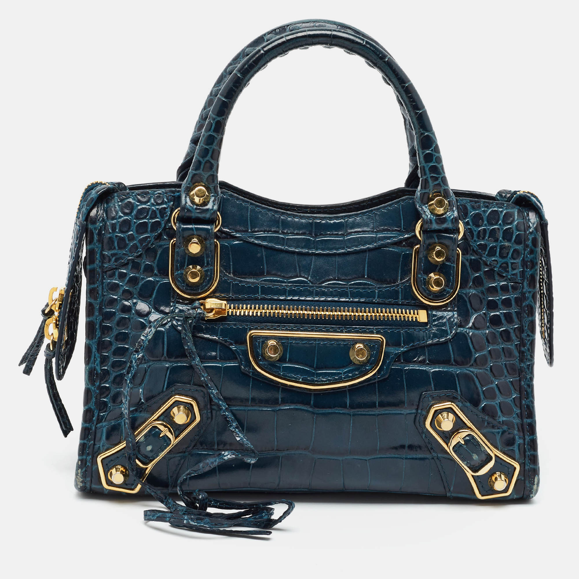 Balenciaga Metallic Edge City Mini Navy Blue Croc Embossed Leather Tote