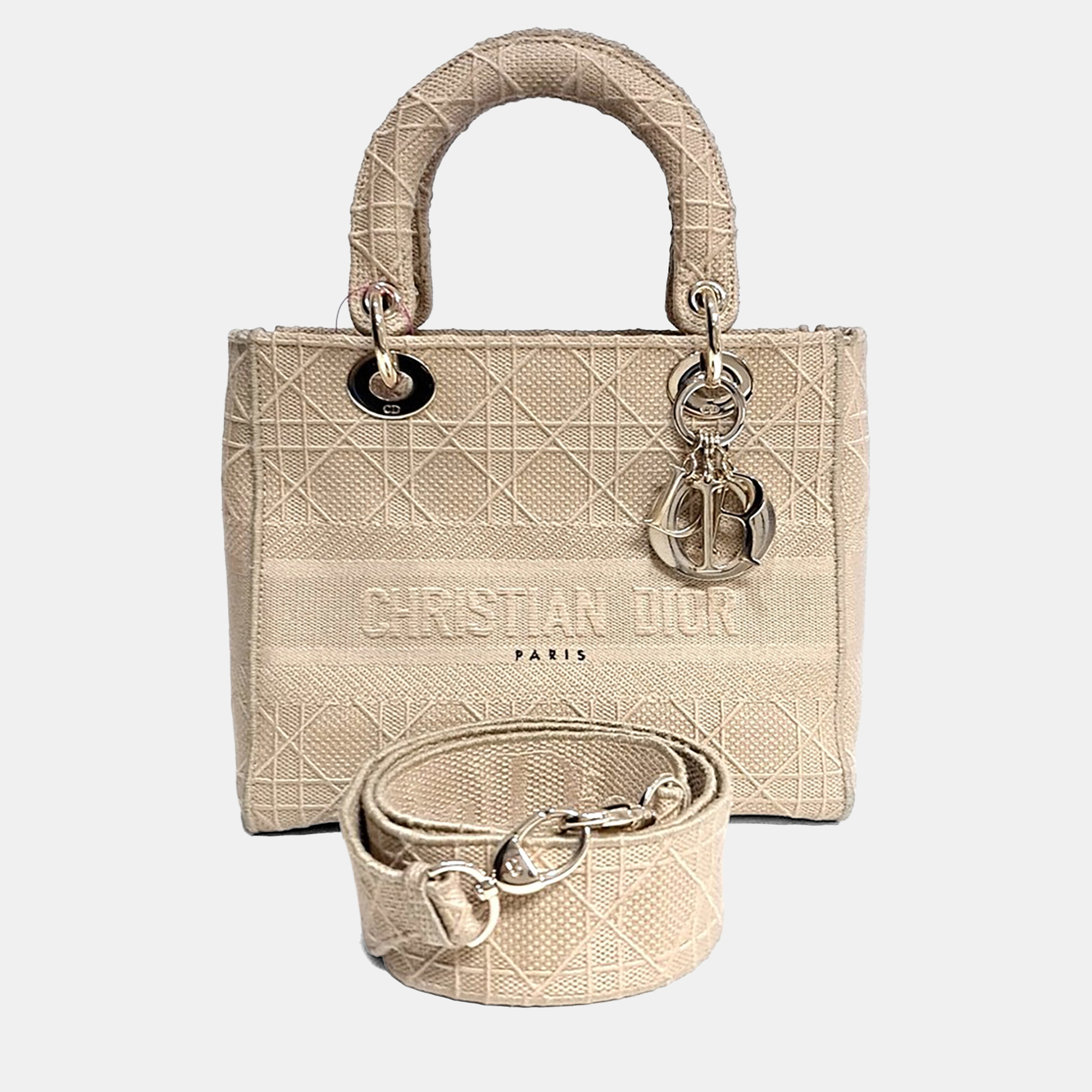 Dior D-Lite Medium Beige Fabric Top Handle Bag