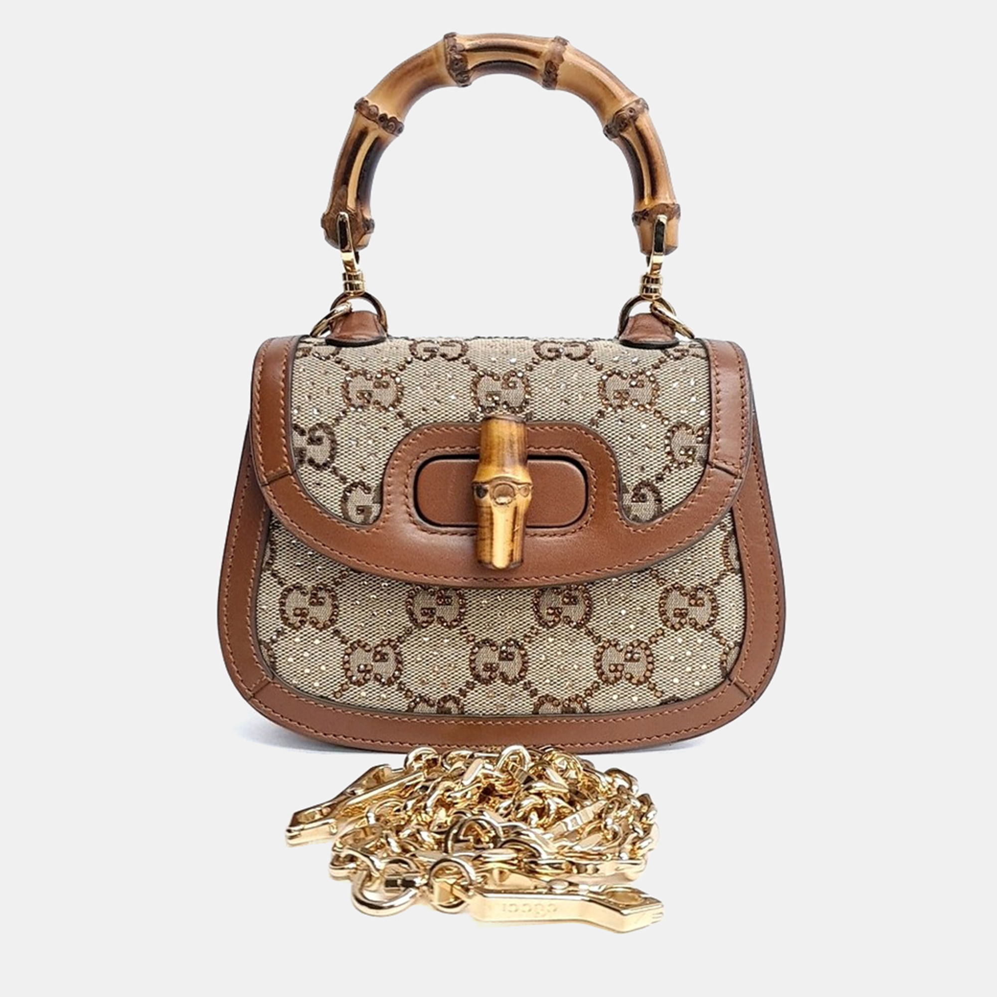 Gucci Bamboo 1947 Mini Beige Brown GG Supreme Canvas Leather Top Handle Bag