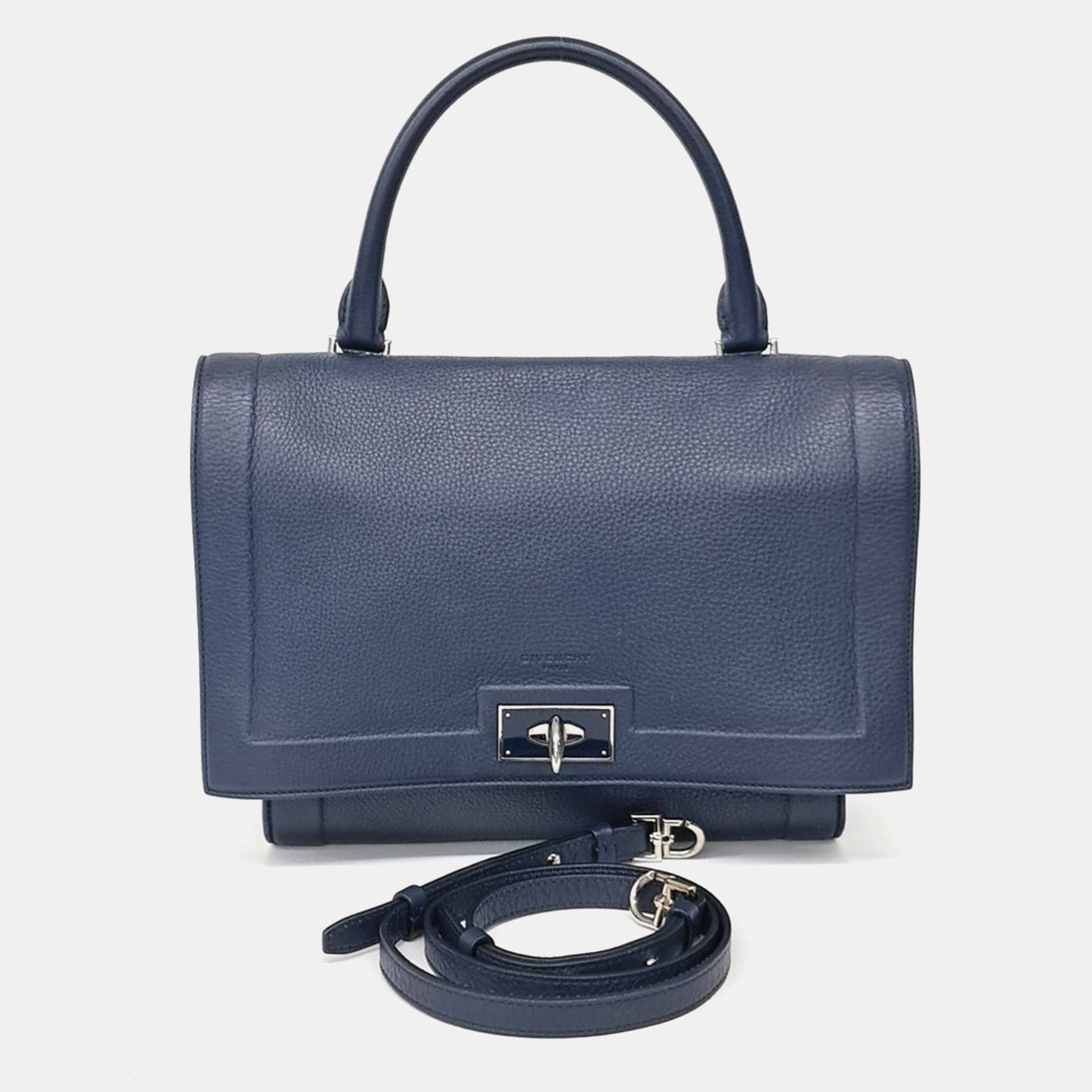 Givenchy Shark Small Navy Blue Grained Calfskin Leather Top Handle Bag
