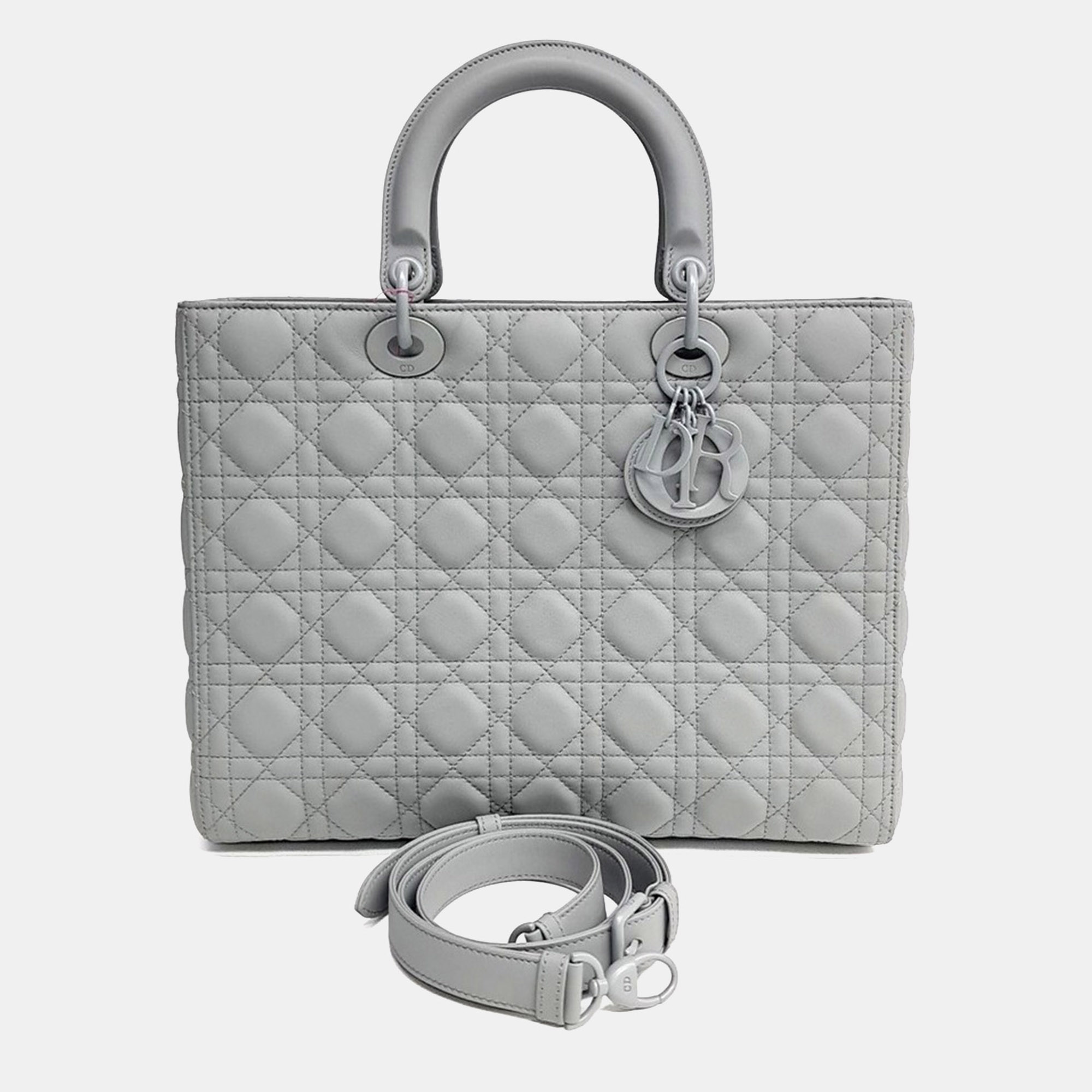 Christian Dior Lady Dior Large Grey Cannage Lambskin Leather Top Handle Bag