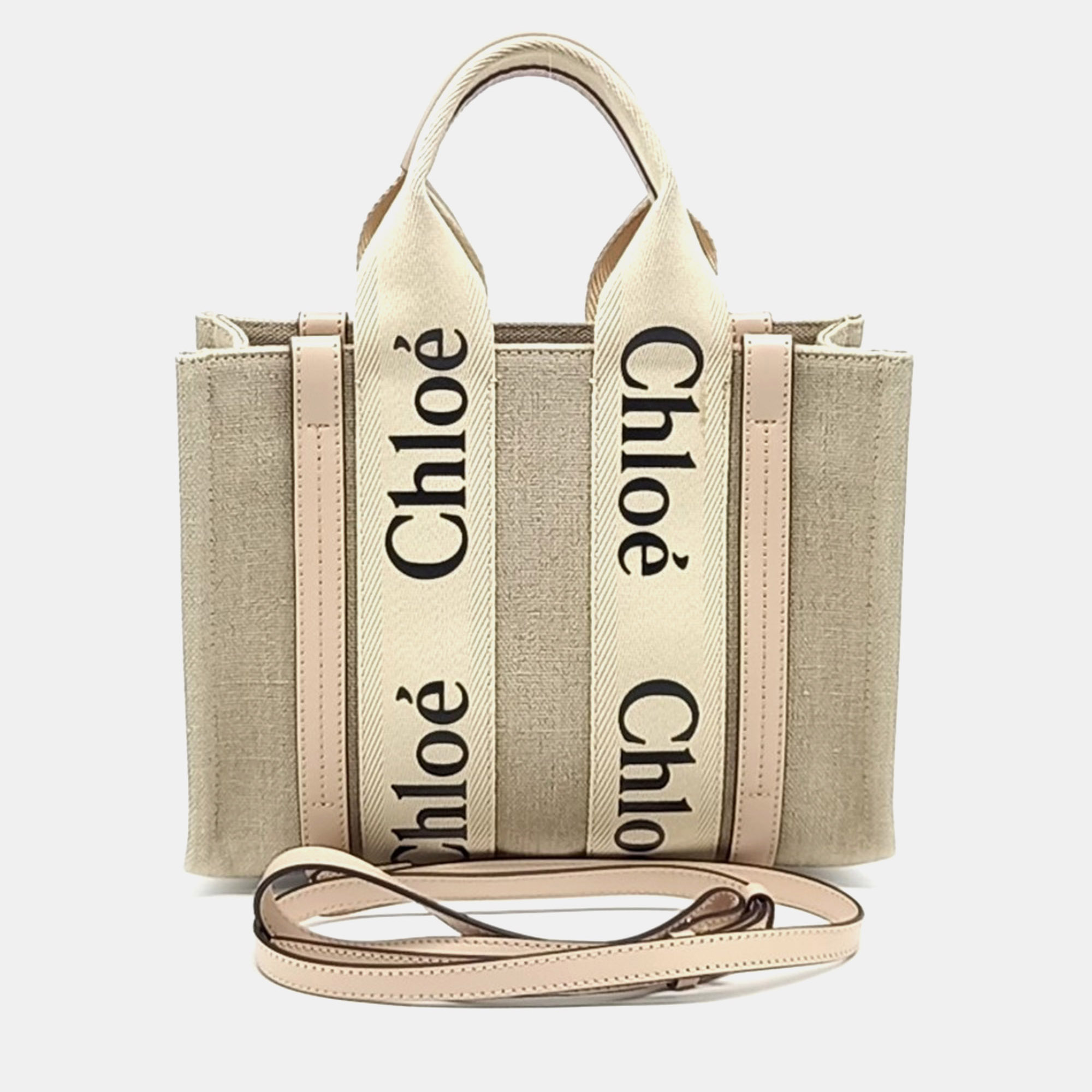 Chloe Woody Small Beige Canvas Calfskin Leather Top Handle Bag