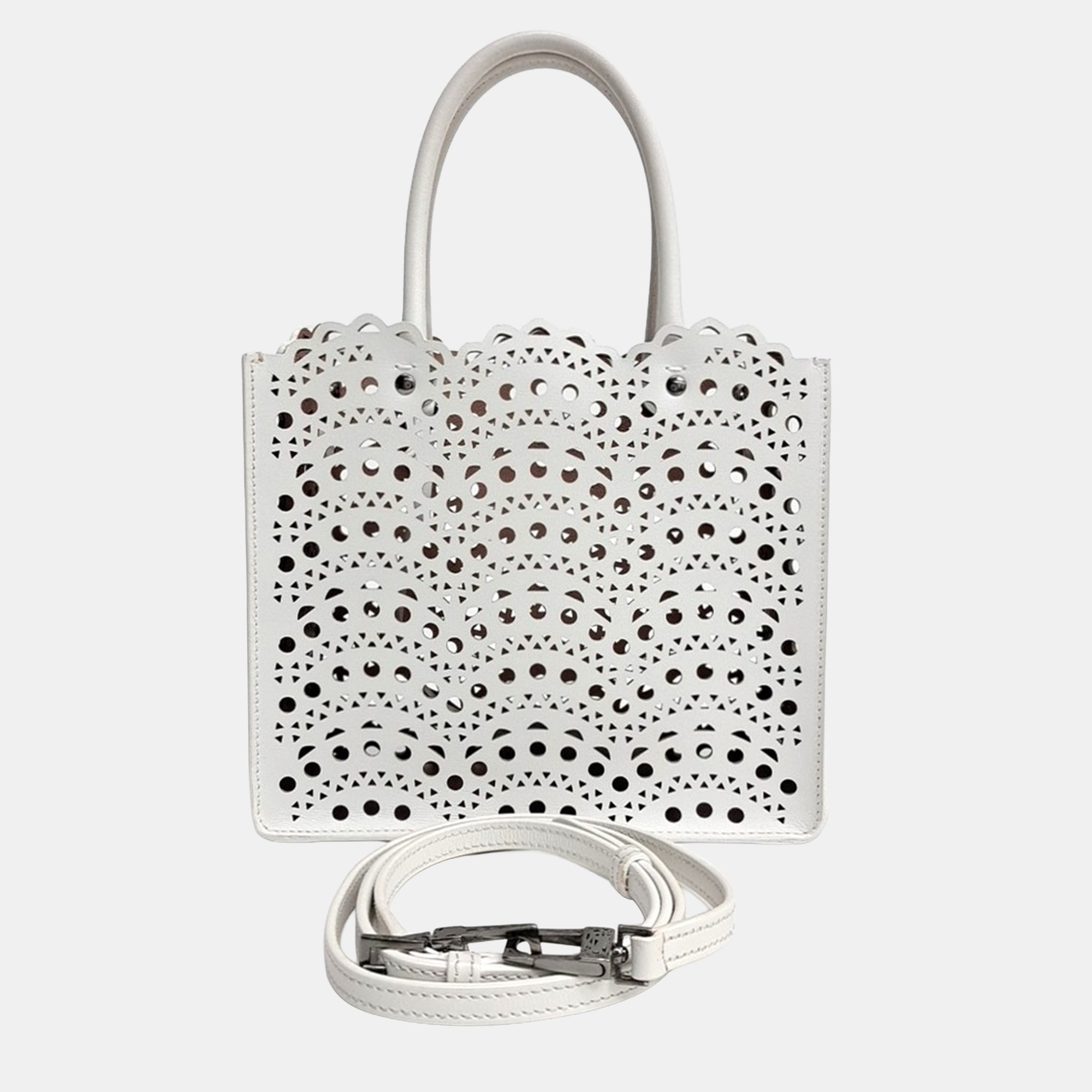 Alaia Mini Laser-Cut White Leather Tote Bag