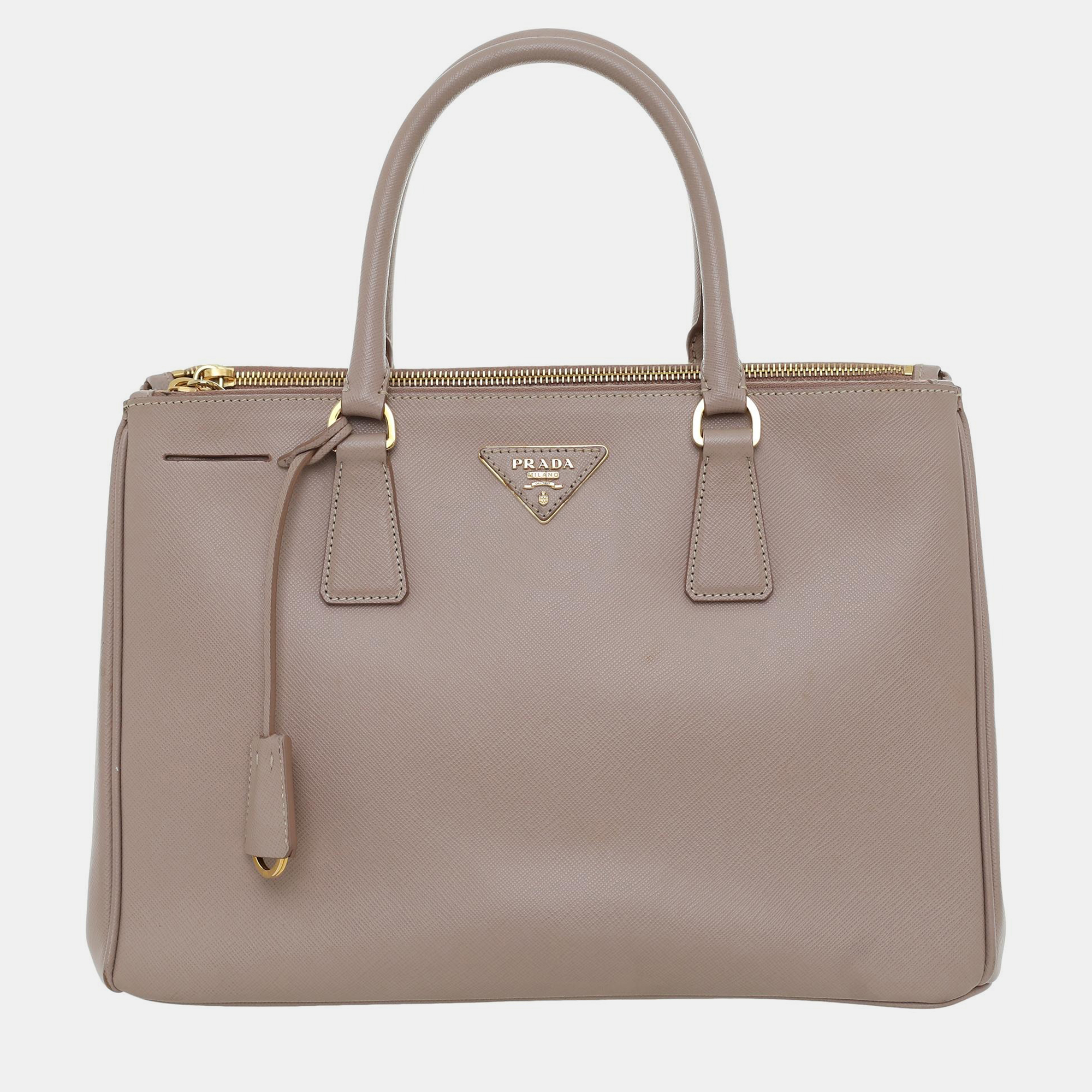Prada Saffiano Lux Double Zip Medium Argilla Saffiano Leather Top Handle Bag