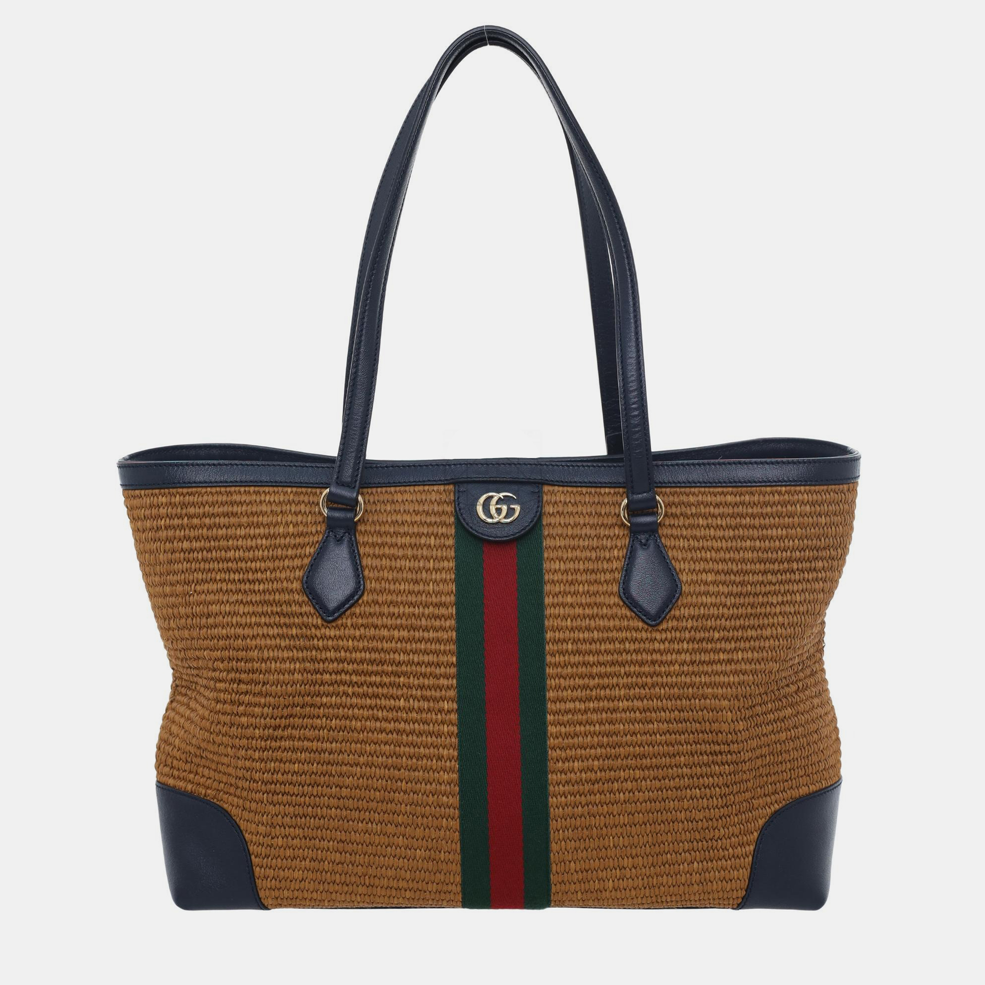 Gucci Ophidia Medium Brown Straw and Blue Leather Tote Bag