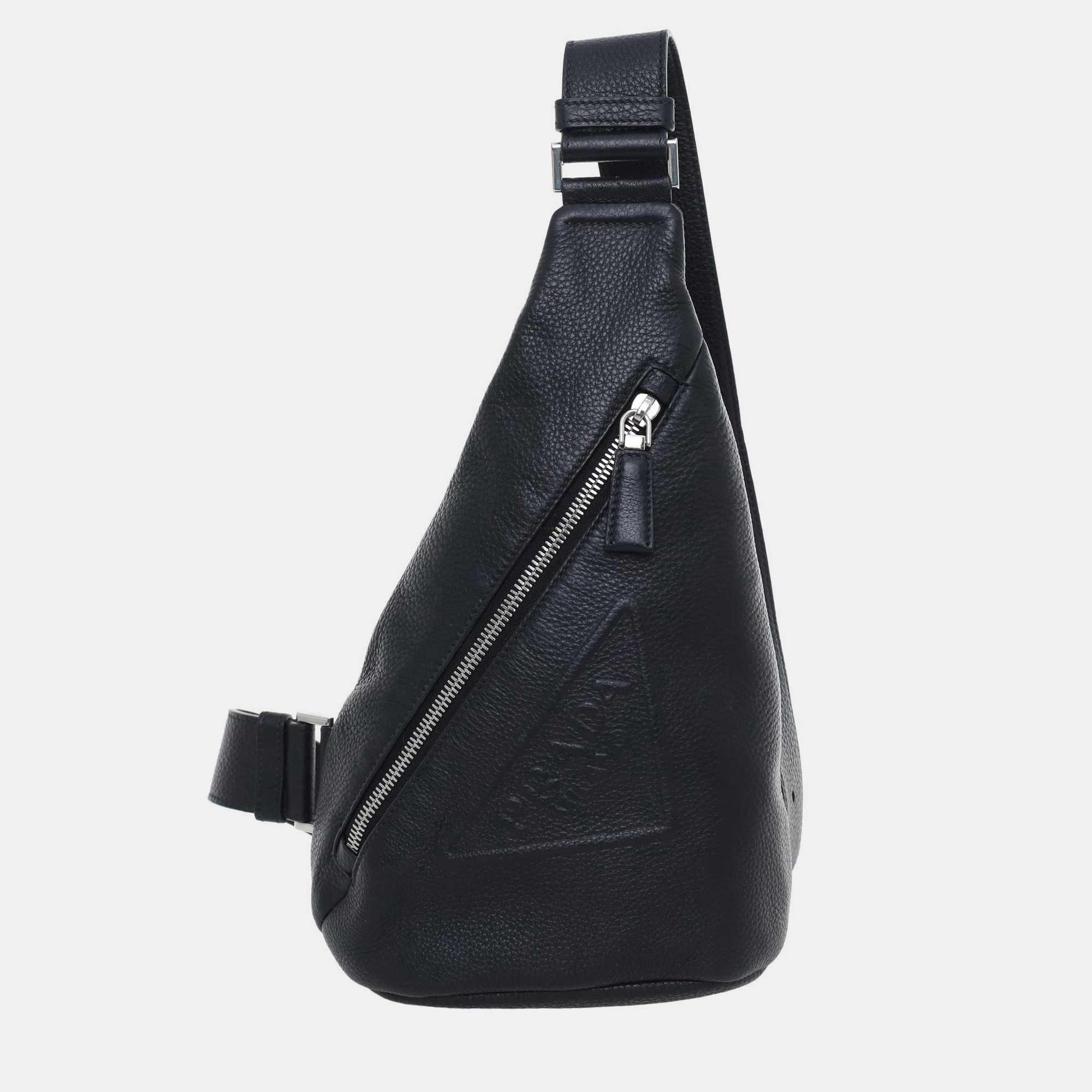 Prada Triangle Logo Black Grained Leather Sling Bag